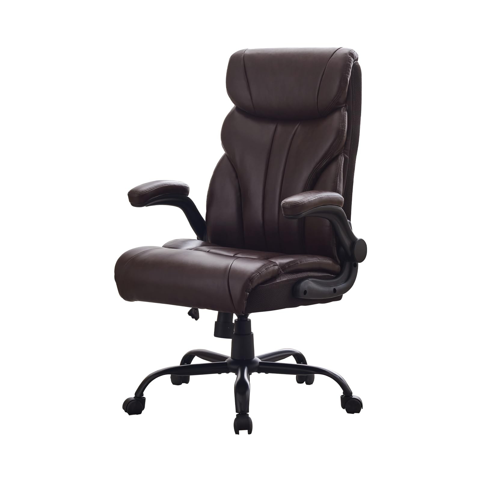 Big and Tall Leather Computer Chair, Flip-up Arms, 500lb, 360 Wheels, Recline