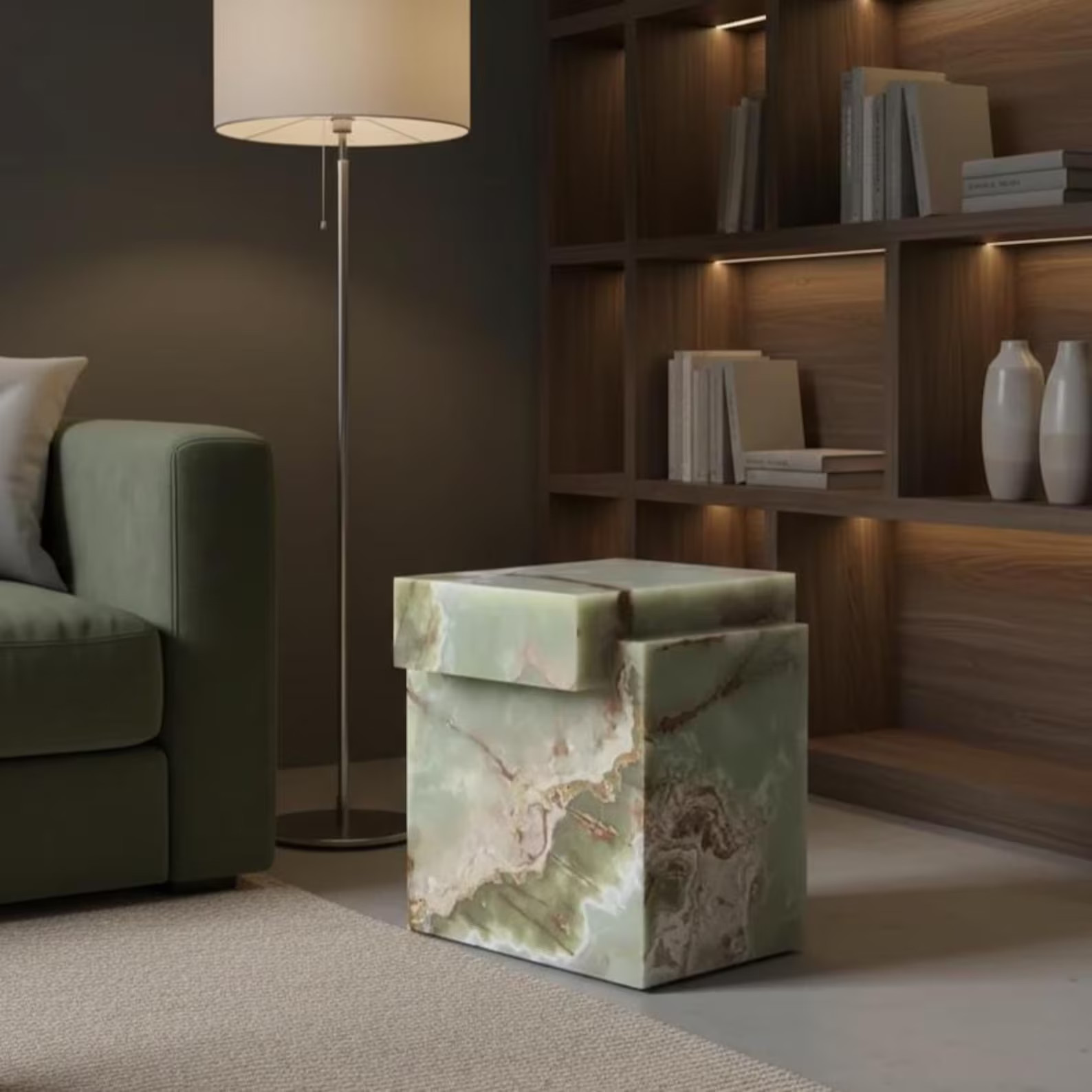 Handcrafted Green Onyx Marble Coffee & End Table | Luxury Plinth Cube Accent Top