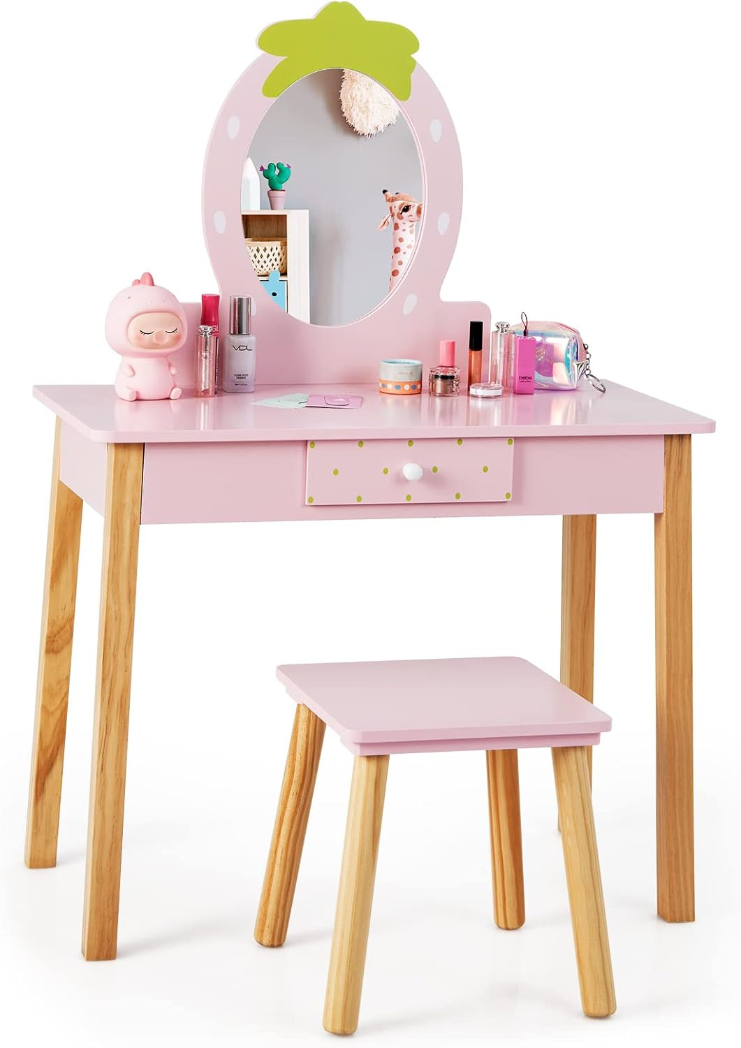 Kids Vanity, Strawberry Themed Princess Makeup Vanity Set for Little Girls, Real