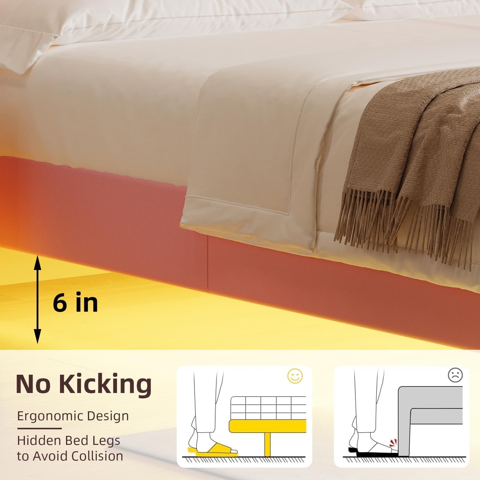 Floating King Bed Frame with LED Lights Upholstered Diamond Headboard Pink