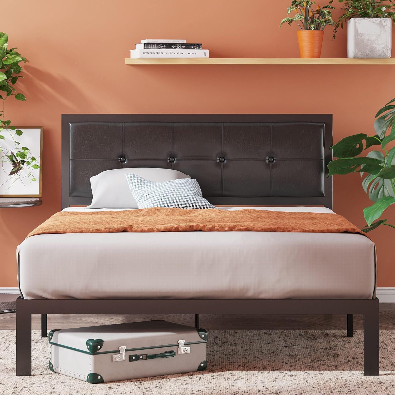 Cherie Full Metal Platform Bed Frame with Faux Leather Headboard, Easy Assembly