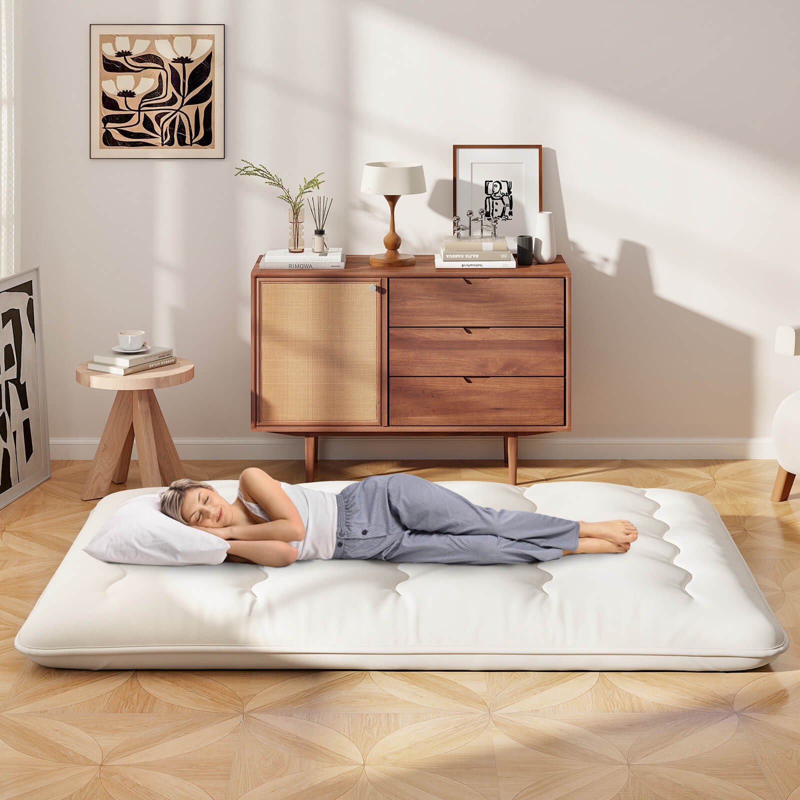 Full Futon Mattress Japanese Sleeping Pad Lounge Bed w/ Washable Cover Beige
