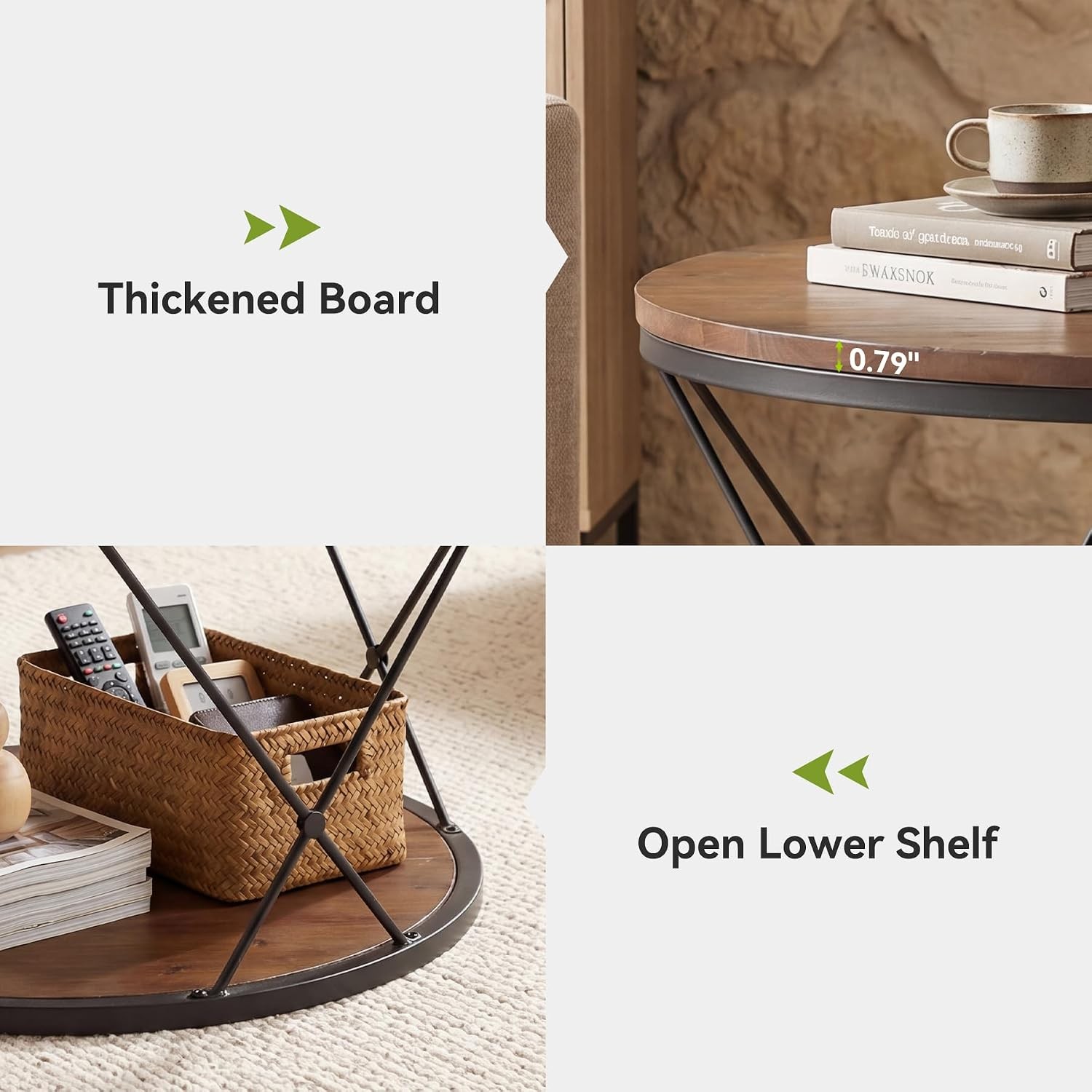 31.5″ Solid Wood Round Coffee Table, Industrial 2-Tier Circle Center Tea Table