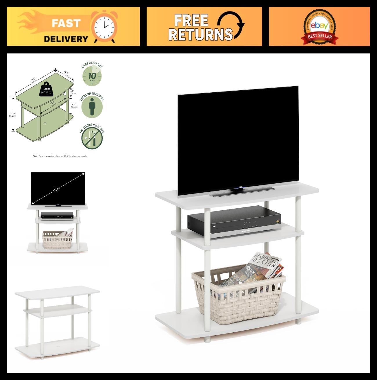 3-Tier No Tools TV Stand Entertainment Center for TVs up to 32″ – White Console