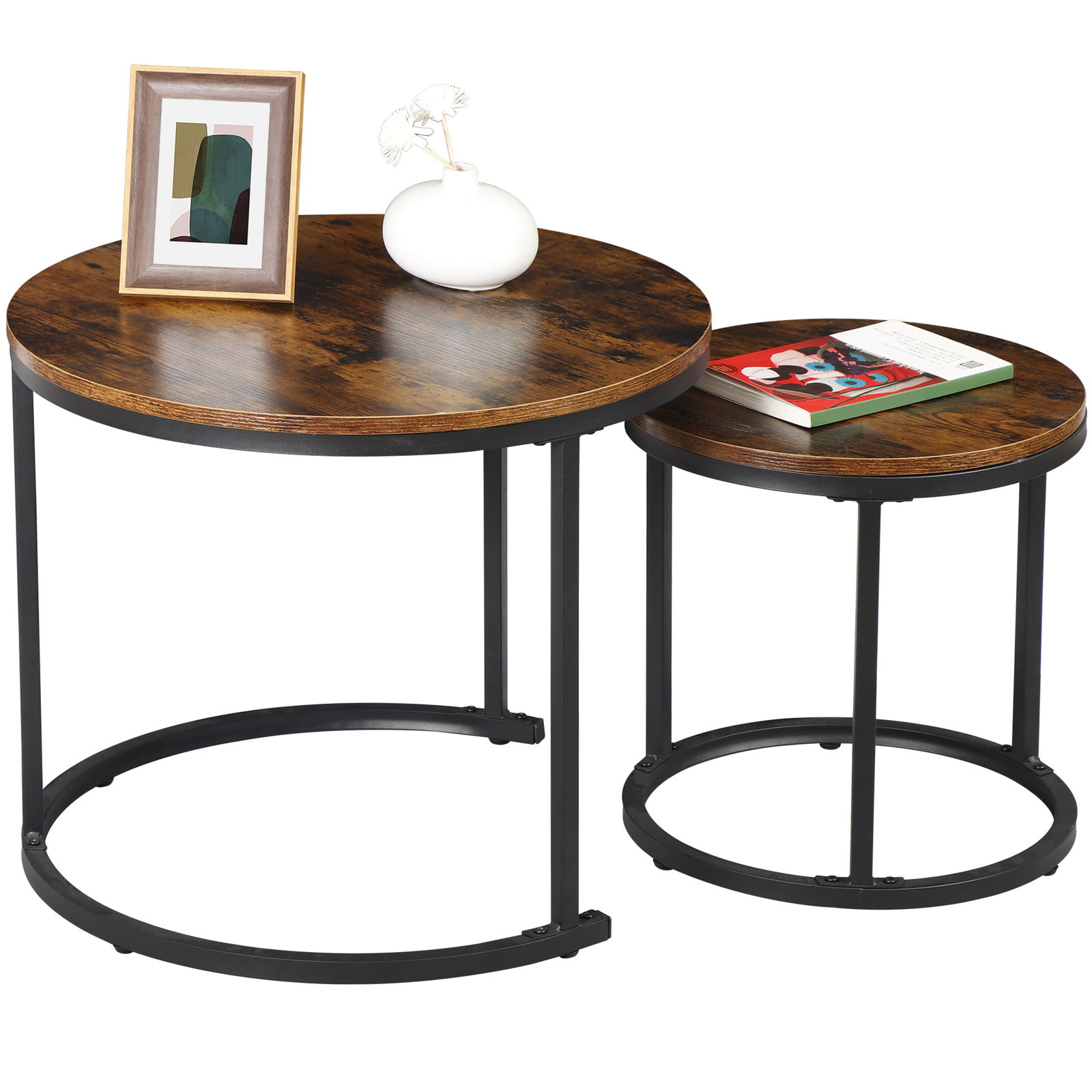 Set of 2 Nesting Coffee Table Round Side Table Industrial Style Home Office
