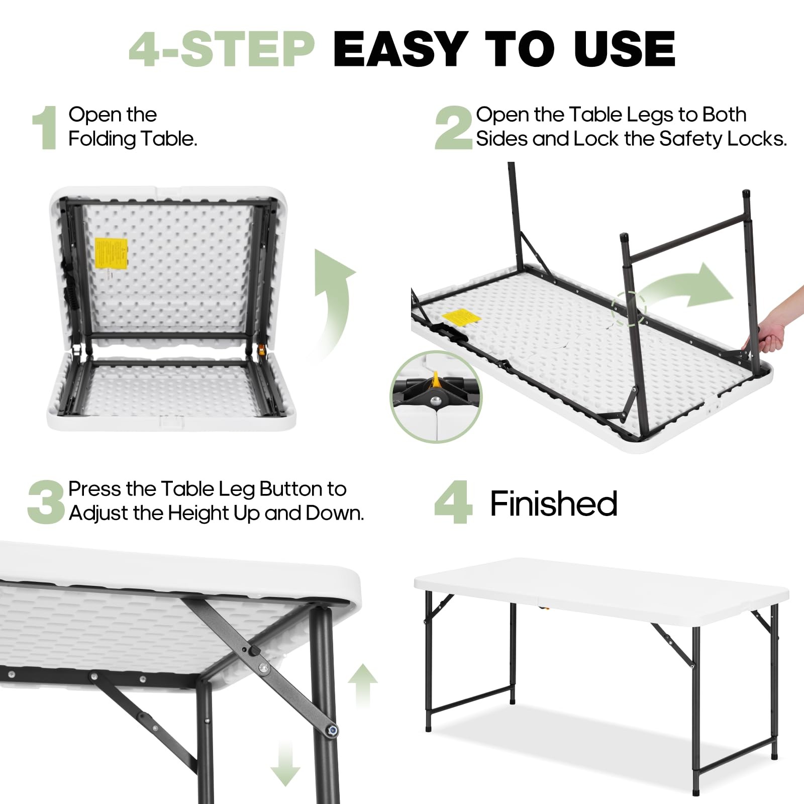4ft Folding Table Adjustable Height HDPE Top Steel Legs Portable Indoor Outdoor