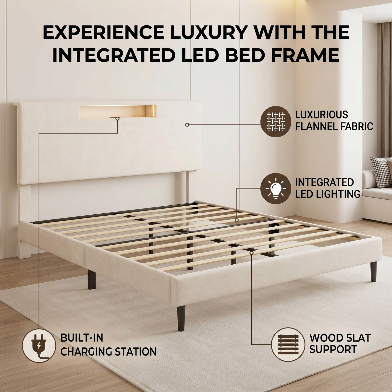 Queen Size Bed Frame with LED Light Noise Reduction Stable Bed Frame
