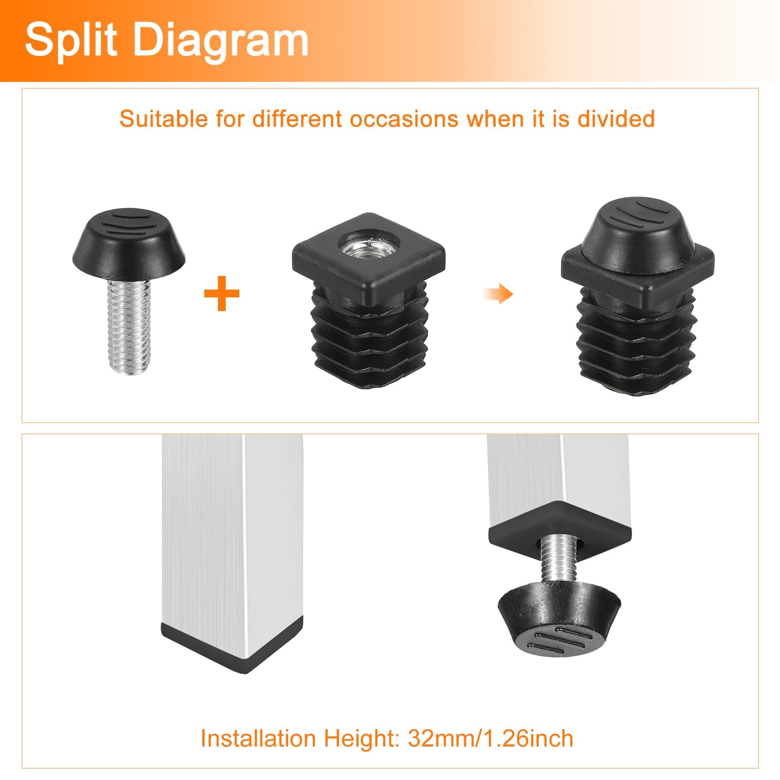 uxcell 8 Set Leveling Feet, M8x20x20mm Plastic Adjustable M8x20x20mm, Black