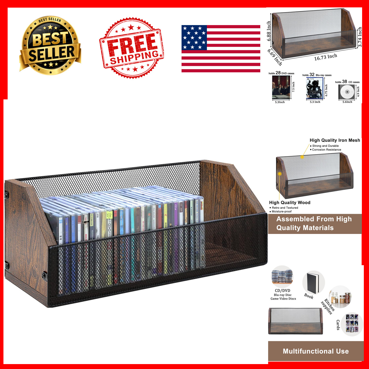 CD DVD Storage Rack Holds 38 Full CDs 76 Slim Cases Wood Iron Mesh Organizer