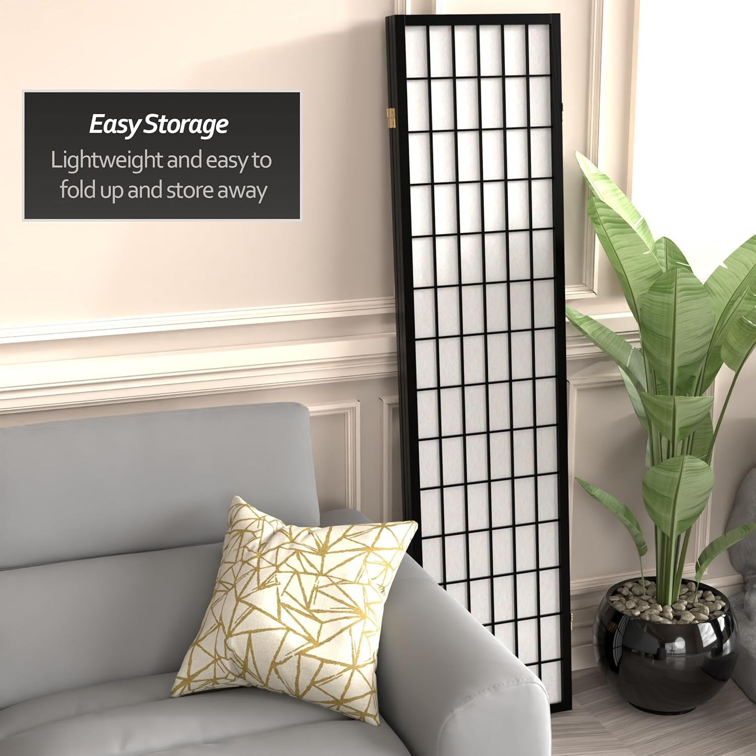Black 6 Ft Tall 3-Panel Window Pane Shoji Screen Room Divider