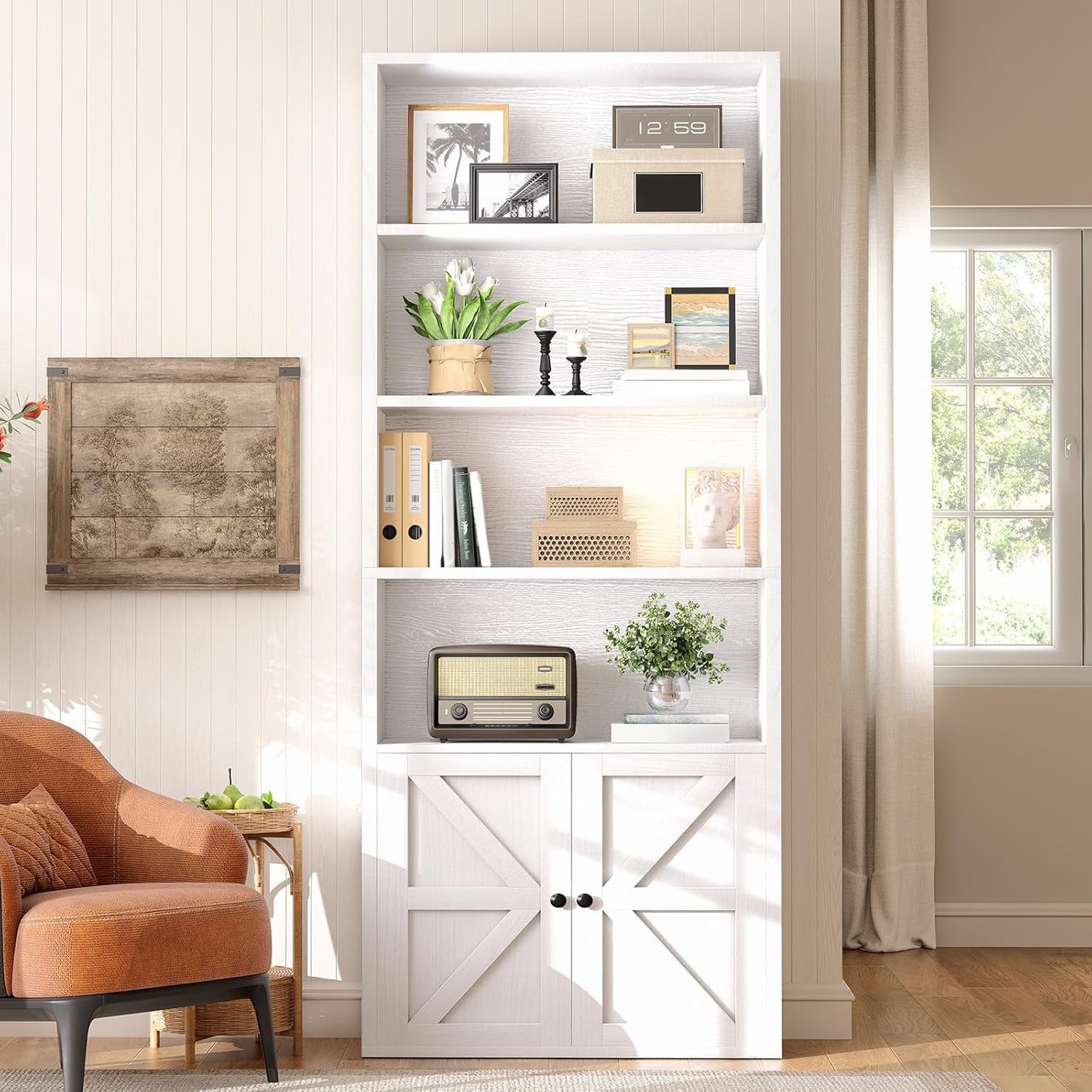 71.5″ Tall Farmhouse Bookshelf 6-Tier Bookcase with Cabinet Doors Tall Display