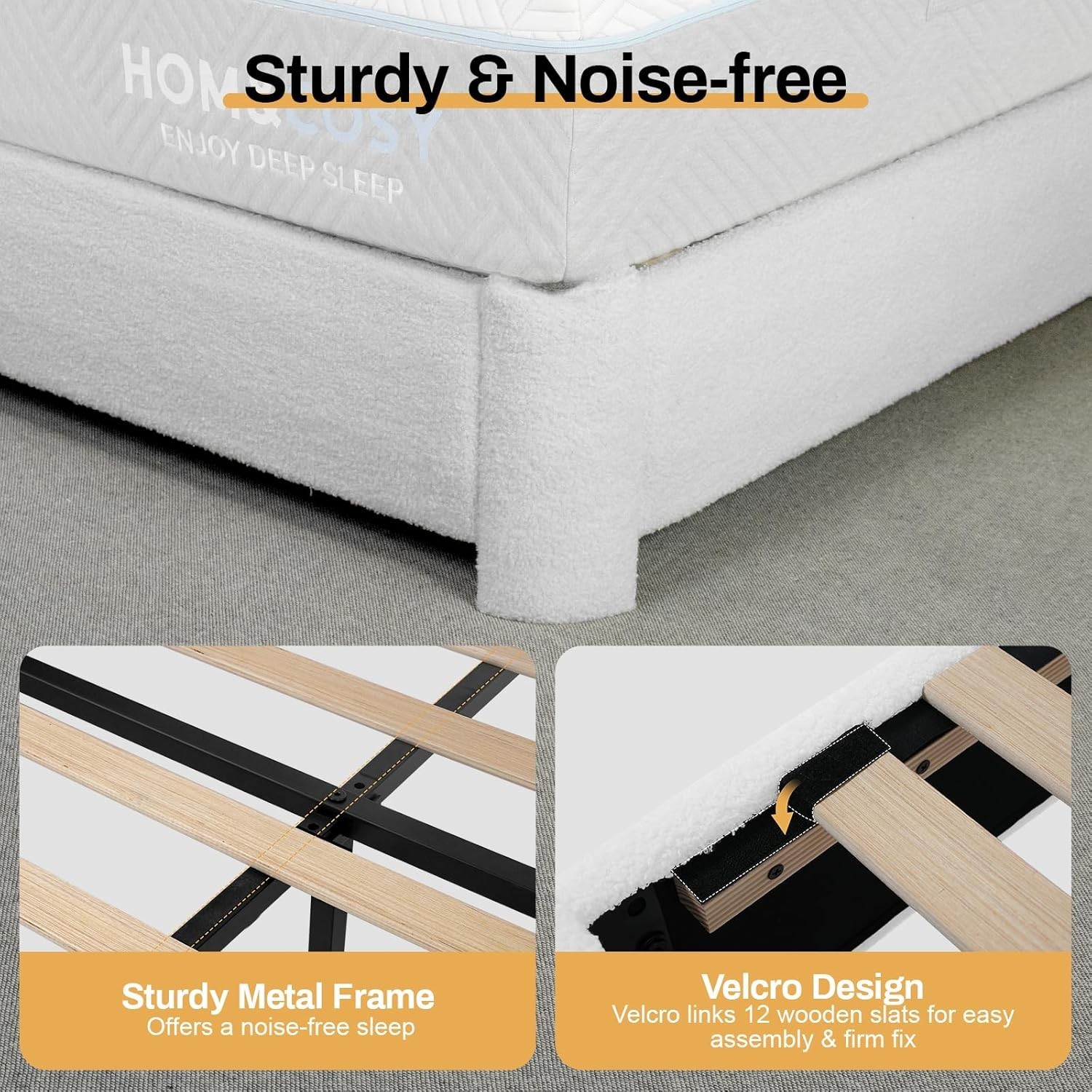 Full/Queen/King Upholstered Teddy Fabric Bed Frame with Adjustable Headboard
