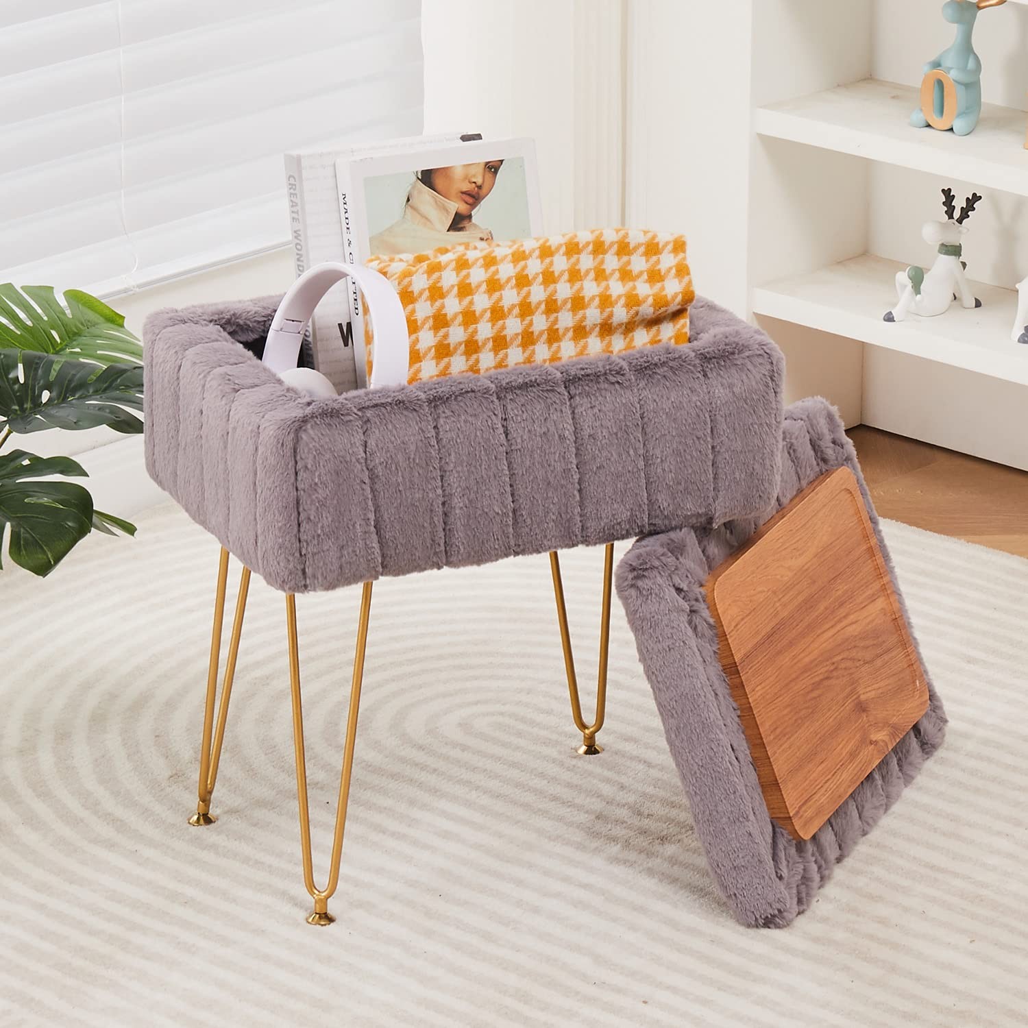 Wimarsbon Faux Mink Fur Storage Ottoman, Modern 16.5″D x 18″W x 12″H, Grey