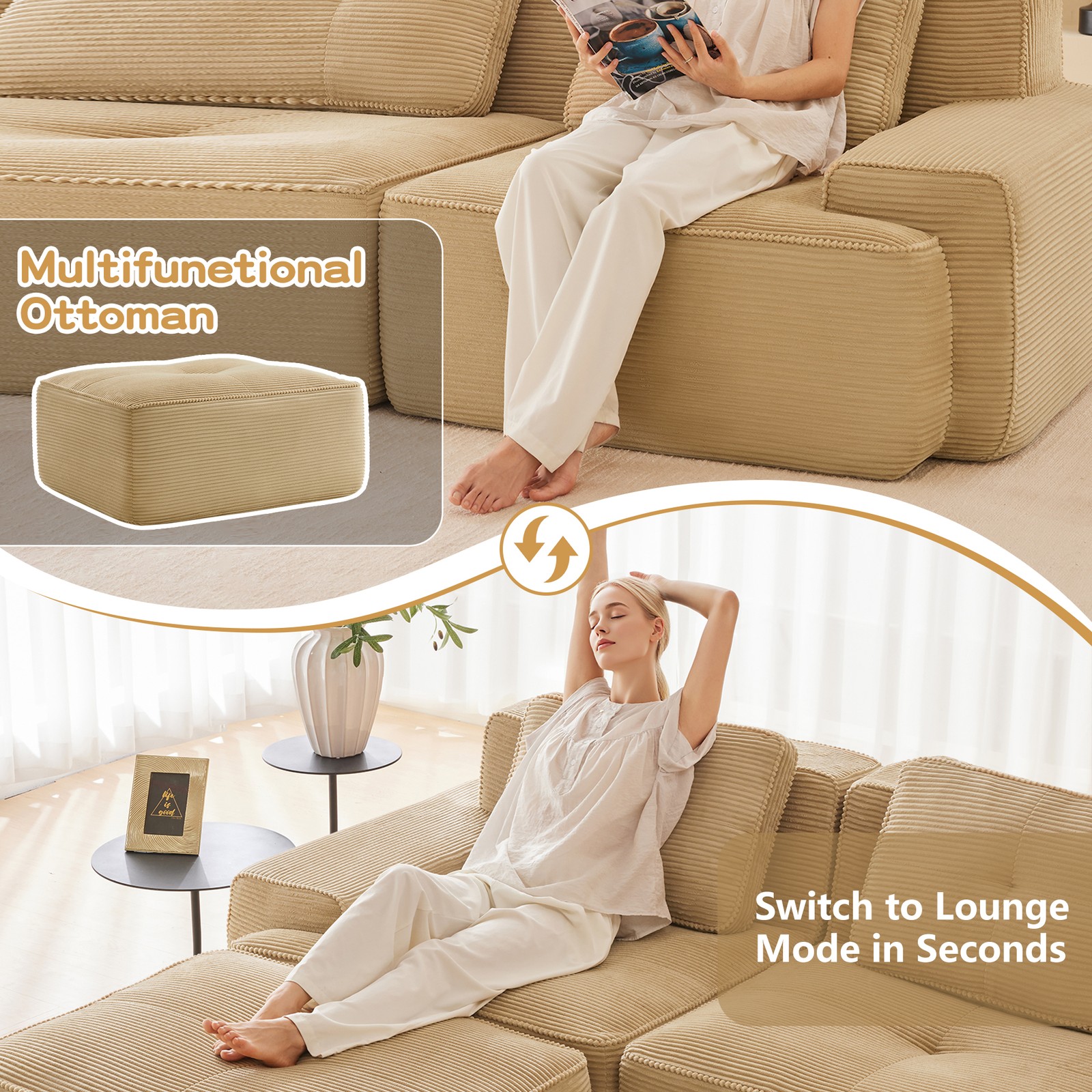 117 Inch Modern L Shaped Corduroy Sofa Camel 3 Seat Deep Plush Comfy Couch