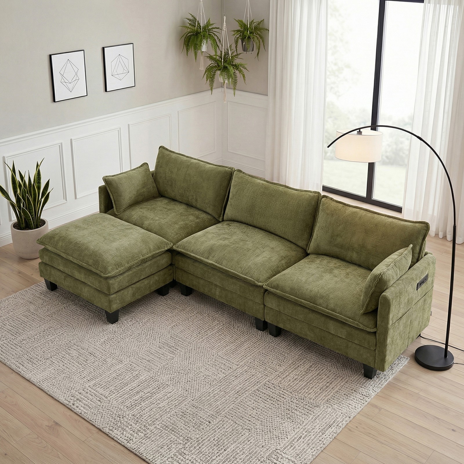 Modern Green Chenille Sofa Set, 3-Seat Couch with Individual Matching Ottoman