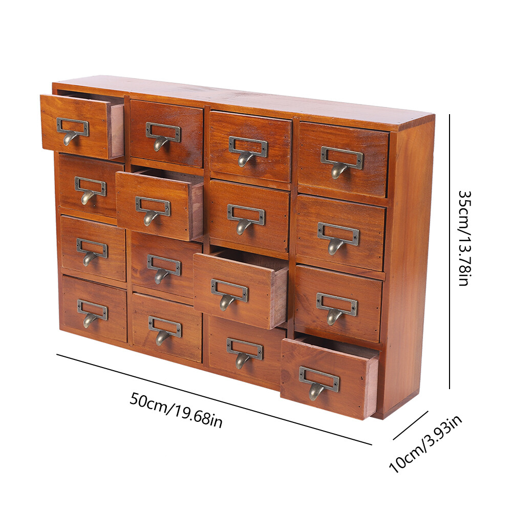 16-Drawers Wood Apothecary Medicine Cabinet Label Holder Card Catalog Vintage US