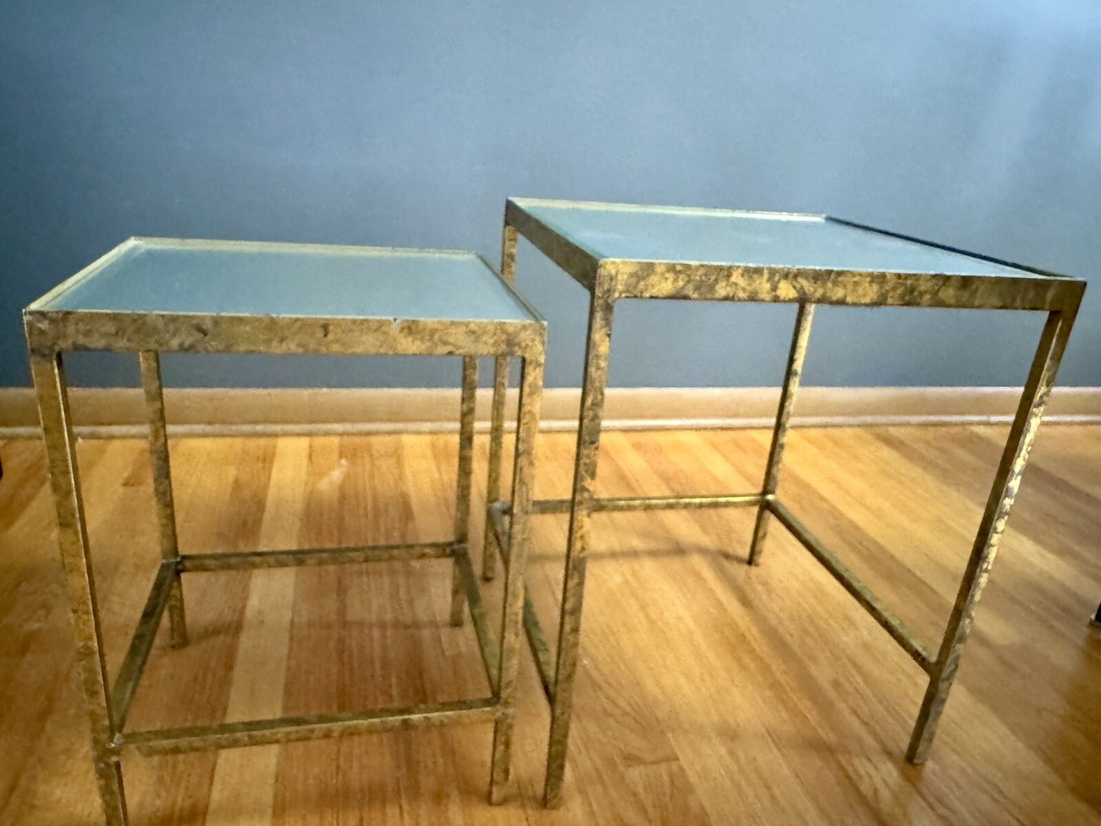 Maison Style Nesting Tables Patinated Gold Iron Antiqued Mirror Tops MCM