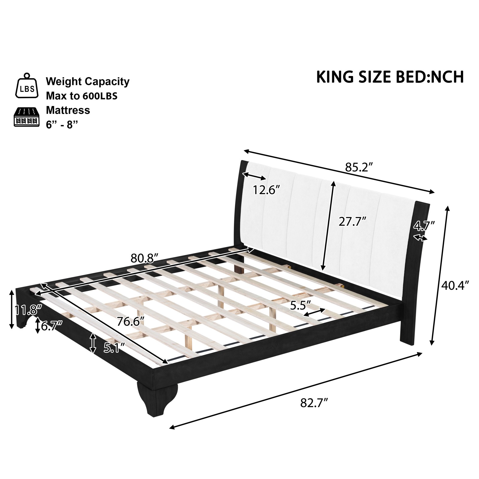 King Size Bed Frame Black White Pine MDF 82.7″x85.2″ 600 lbs