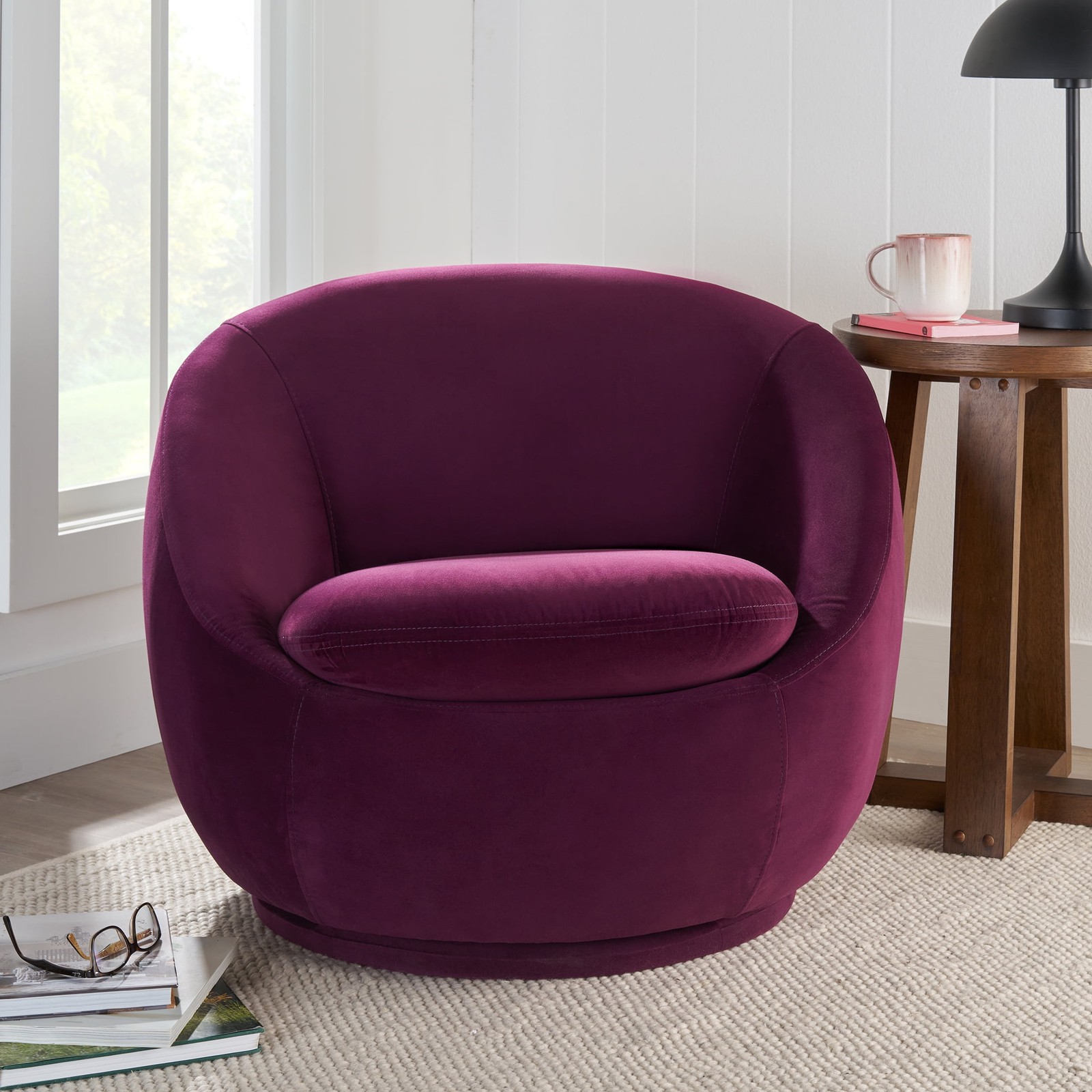 Better Homes & Gardens Modern Soft Velvet Accent Swivel Chair In Merlot