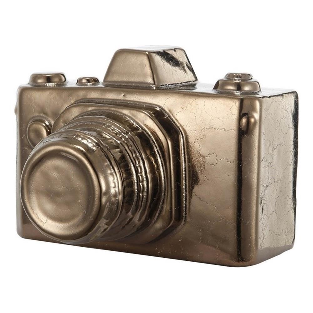 Benjara 6″ Decorative Camera Table Top Accent- Distressed Gold Finish Ceramic