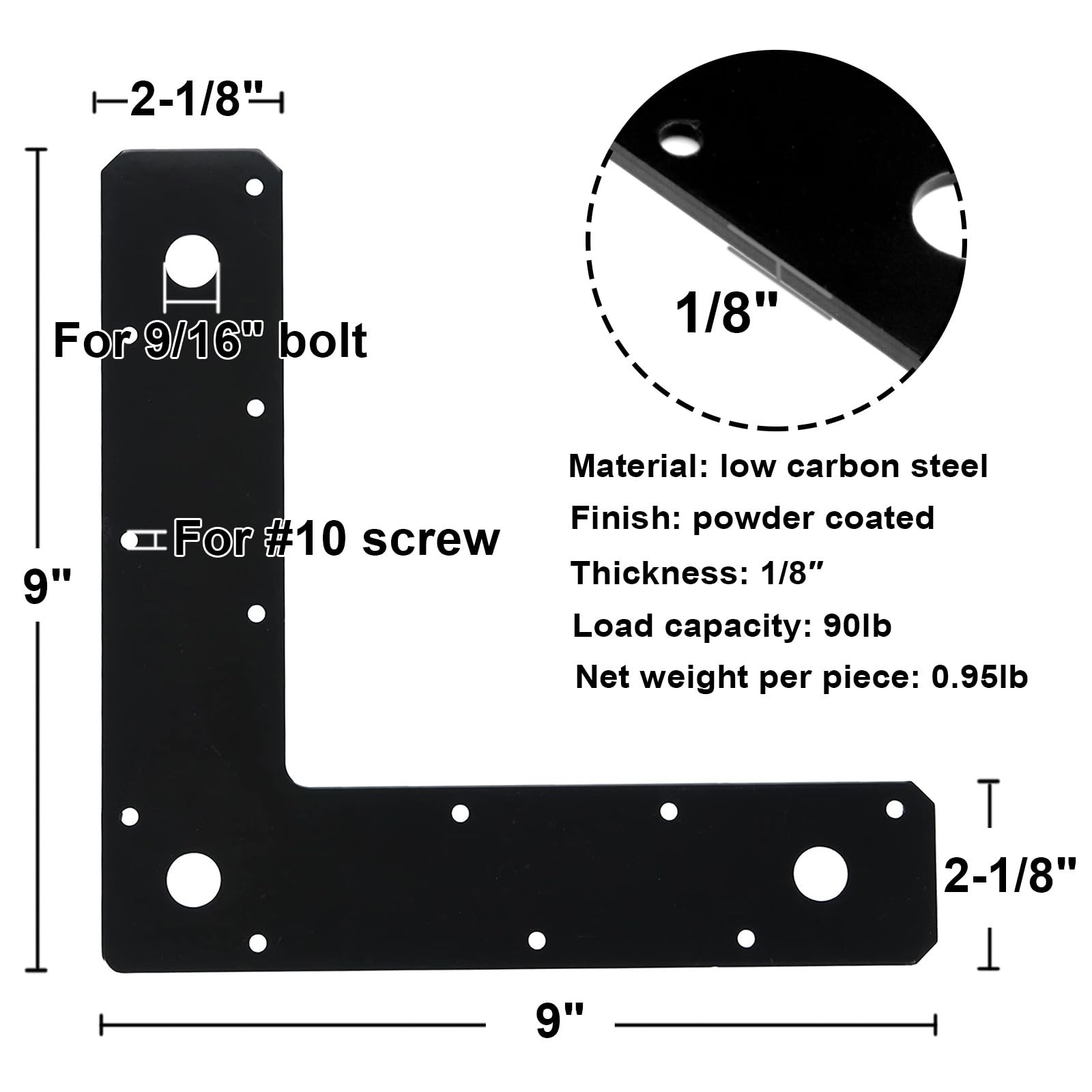4 Pack L Shaped Mending Plate 9×21/8 Inch 1/8 Inch Thick Steel Fastener