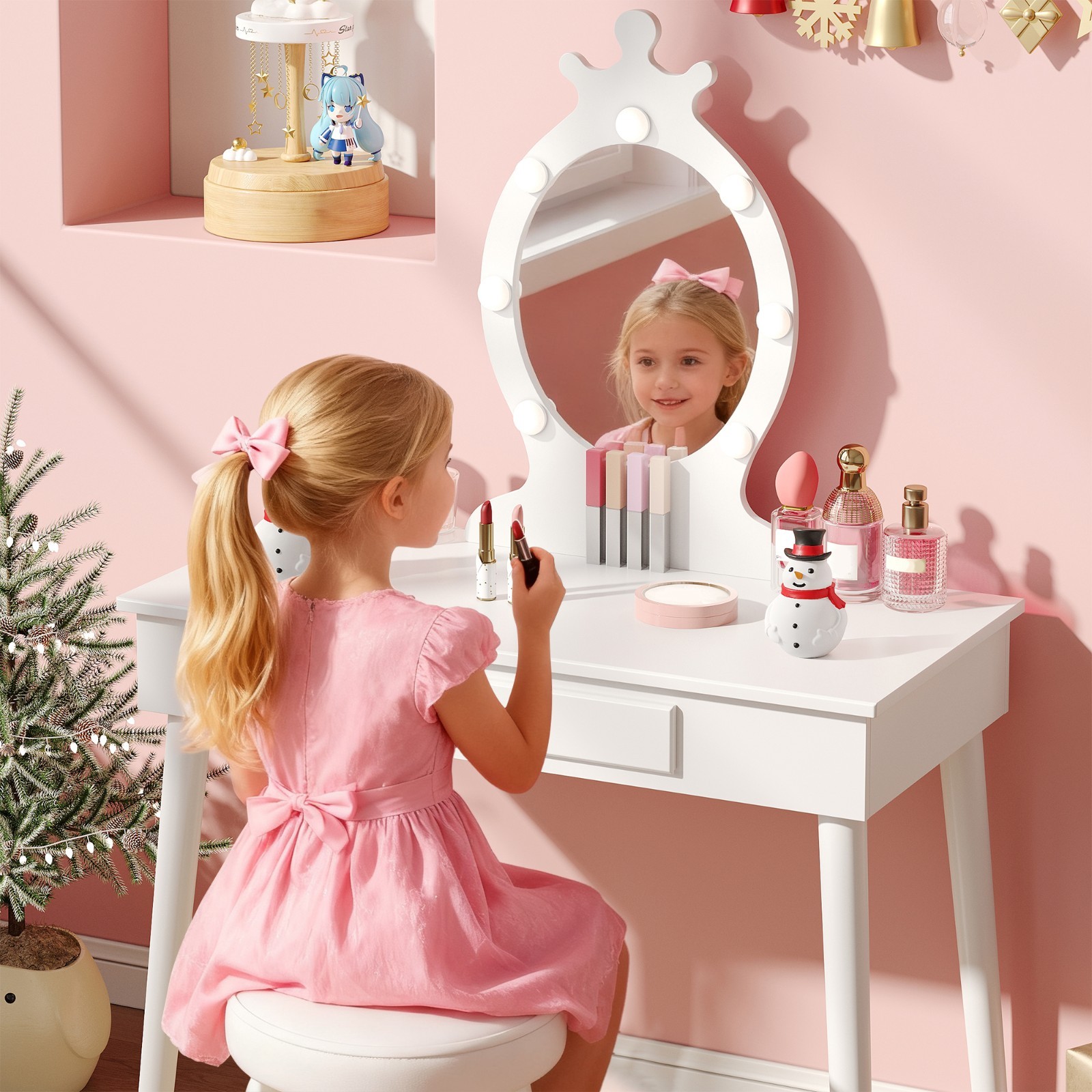 Kids Crown Children’s Mini Makeup Vanity Lamp, with mirror and stool, adjustable