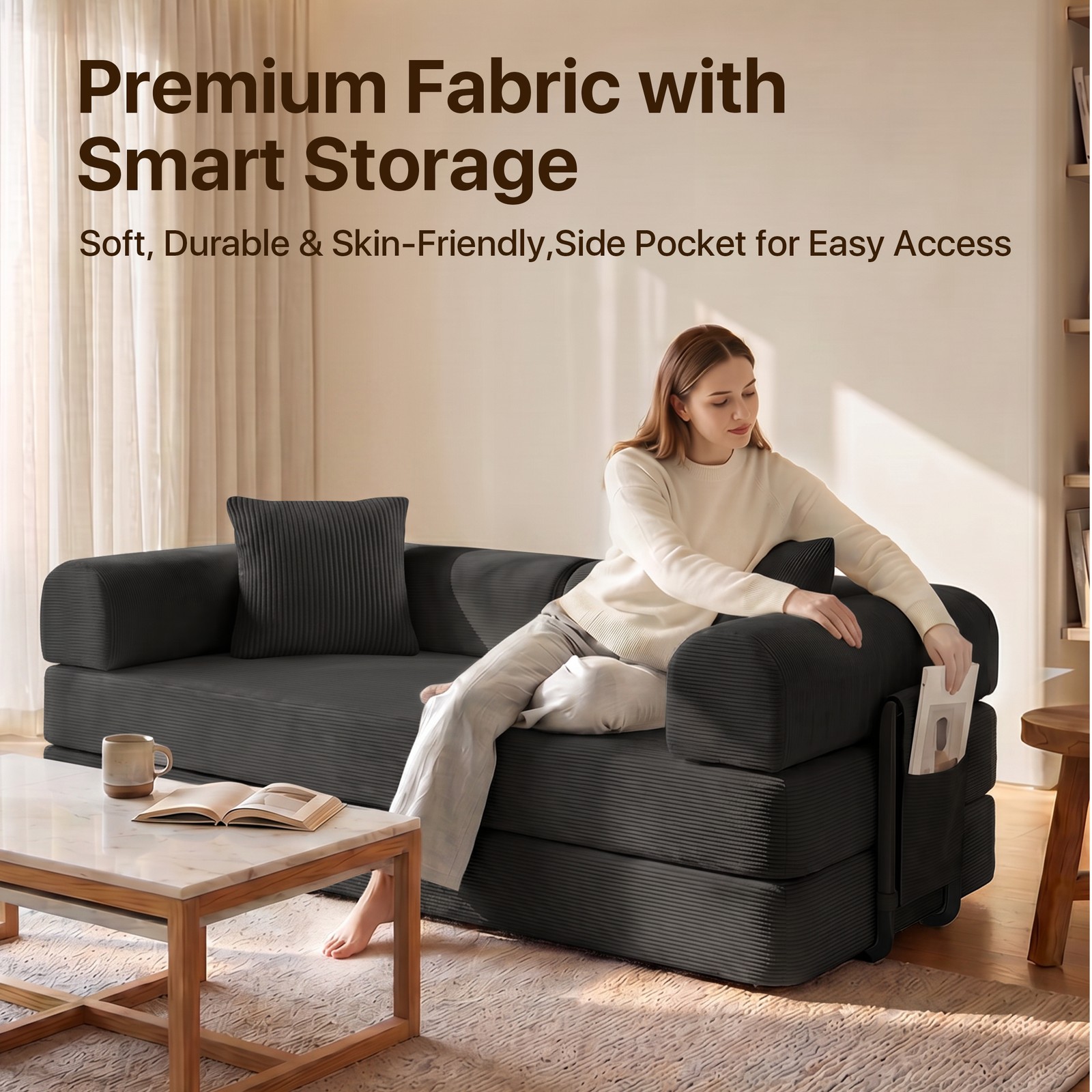 1200lbs Sofa Bed Couch Sleeper Convertible Fold-Out Bed Couch With Side Pockets