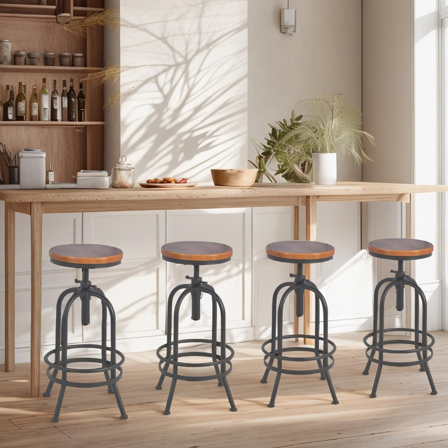 Set of 2 Adjustable Industrial Bar Stools – Retro Swivel Black 26-32.3