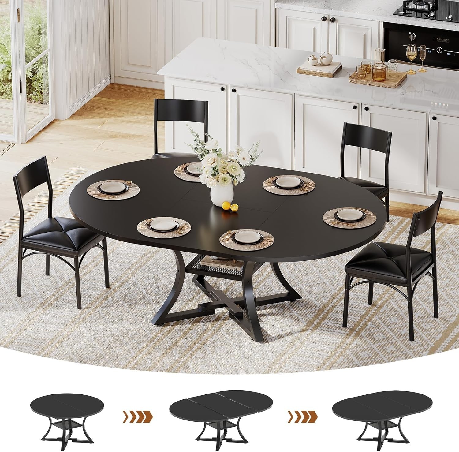 Round Extendable Dining Table Set for 4-6 People, 5-Piece Kitchen Table Set