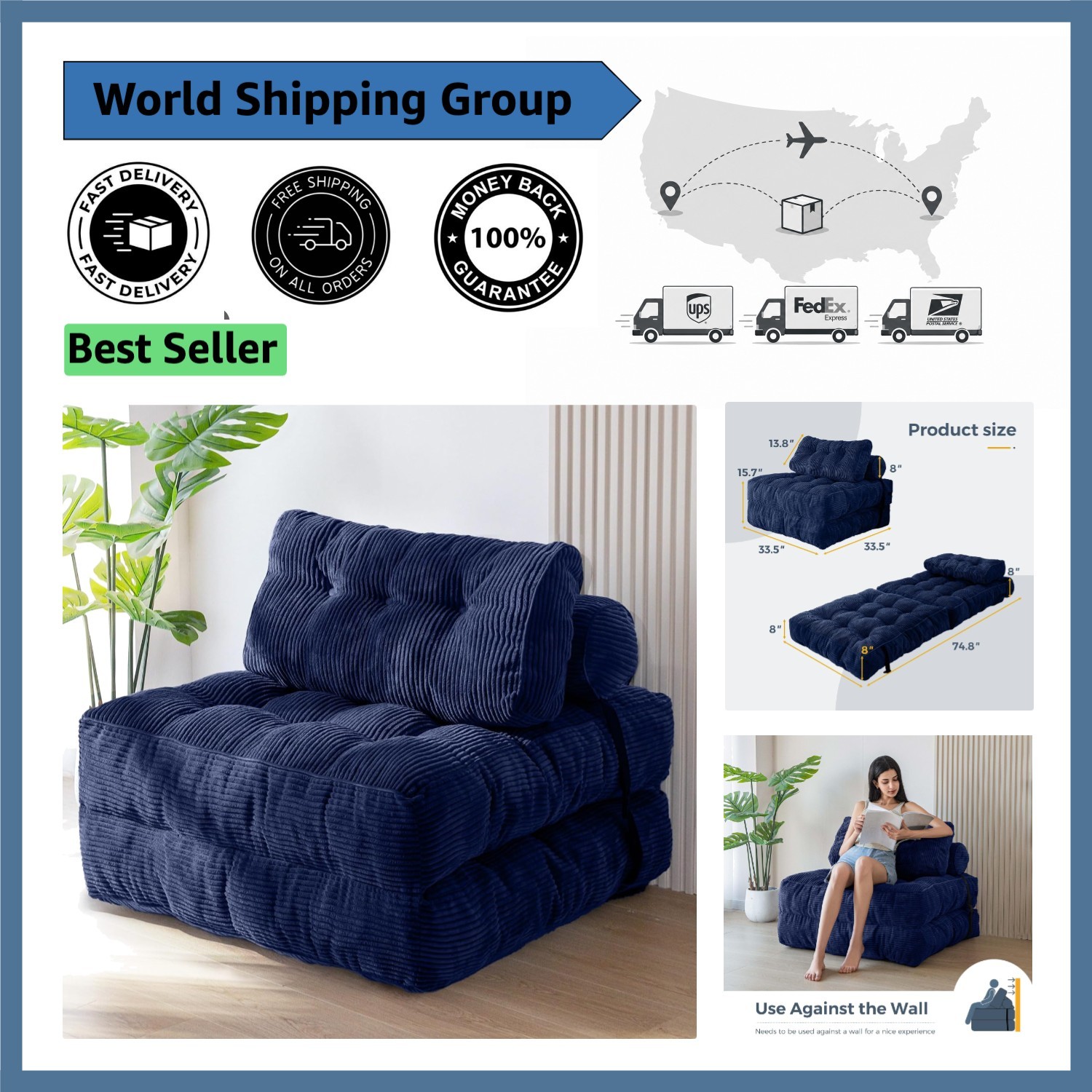 Versatile Folding Sofa Bed – Stylish Navy Chair Bed for Living Room or Bedroom