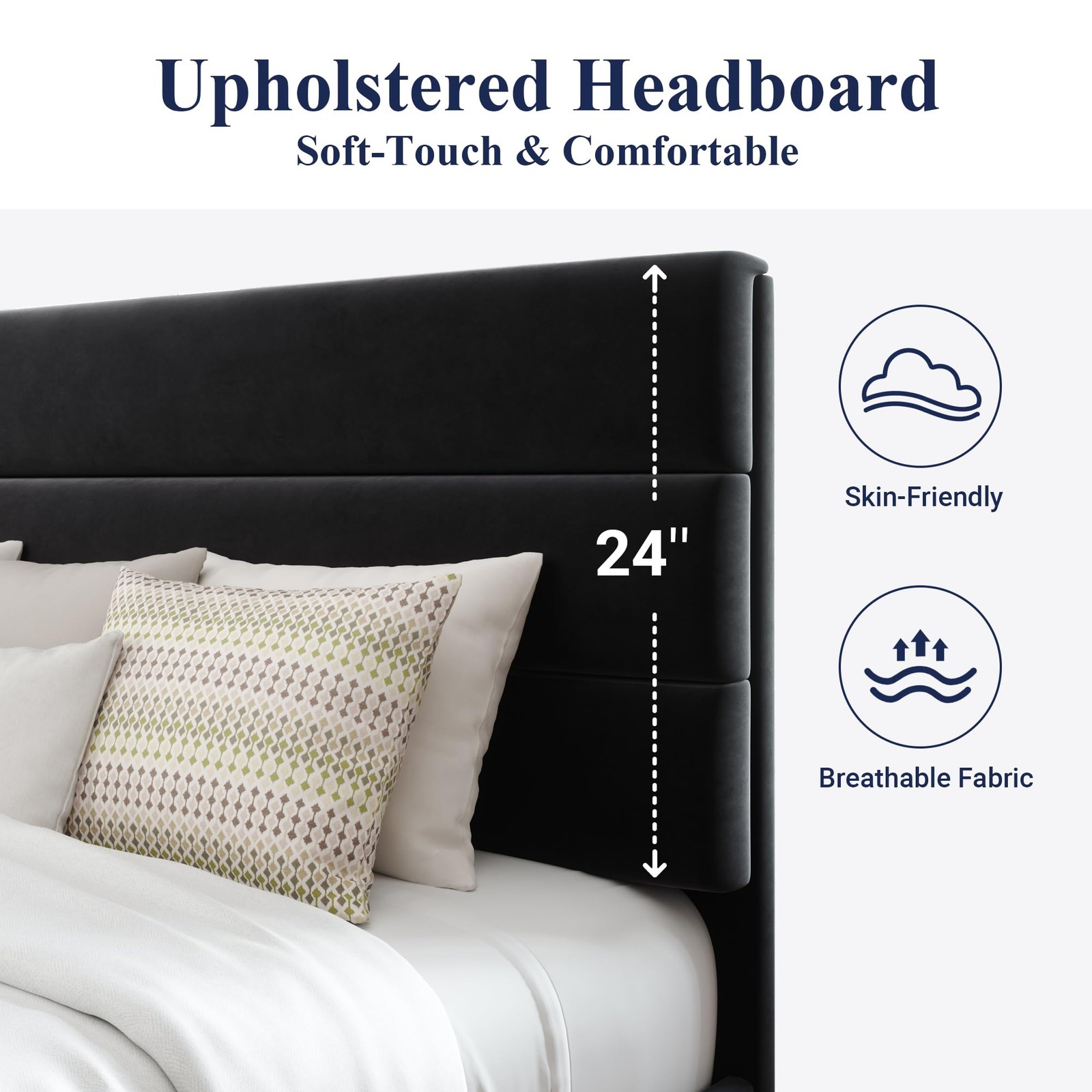 King Size Platform Bed Frame Velvet Headboard Wooden Slats Support Black