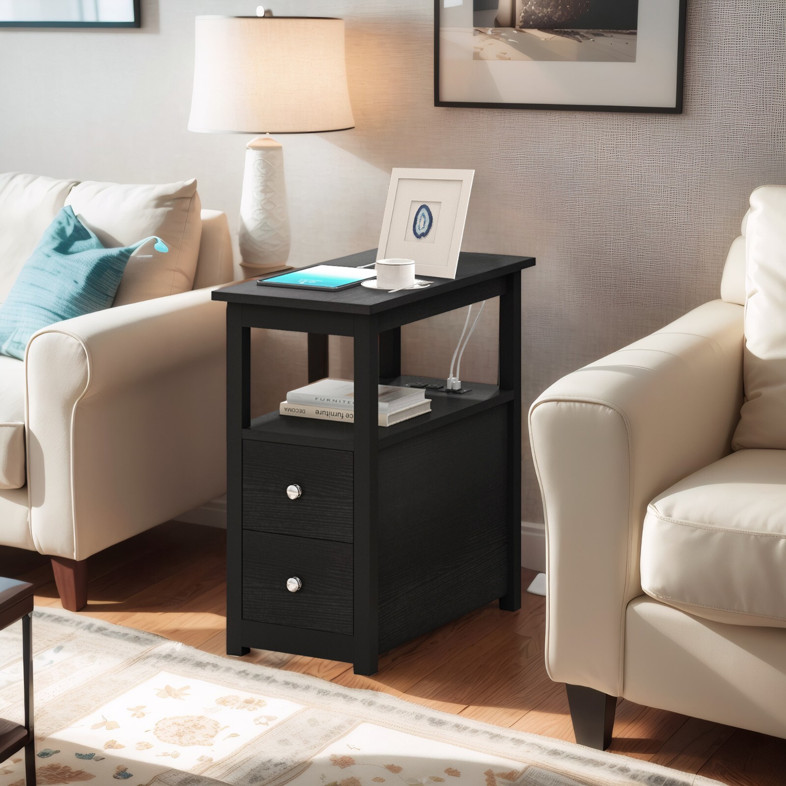 End Table with Charging Station Storage Side Table Narrow Nightstand Sofa Table