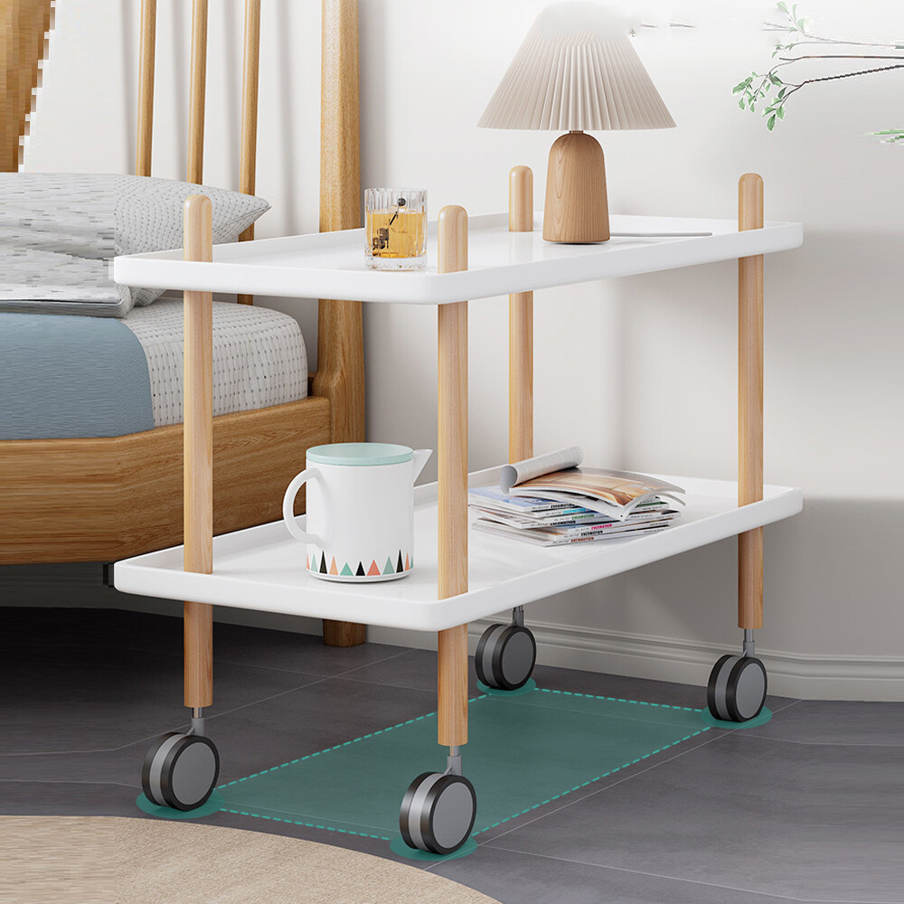 2 Layer End Table Trolley Side Table Nightstand w/4 Shelves & Wheels for Kitchen