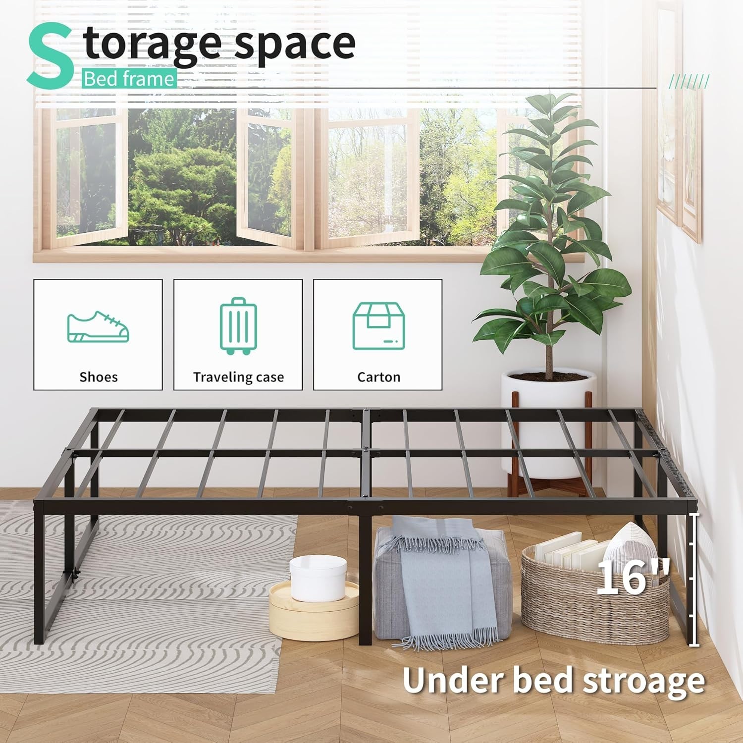 18″ King Bed Frame w/ Storage, No Box Spring, Black & Blue