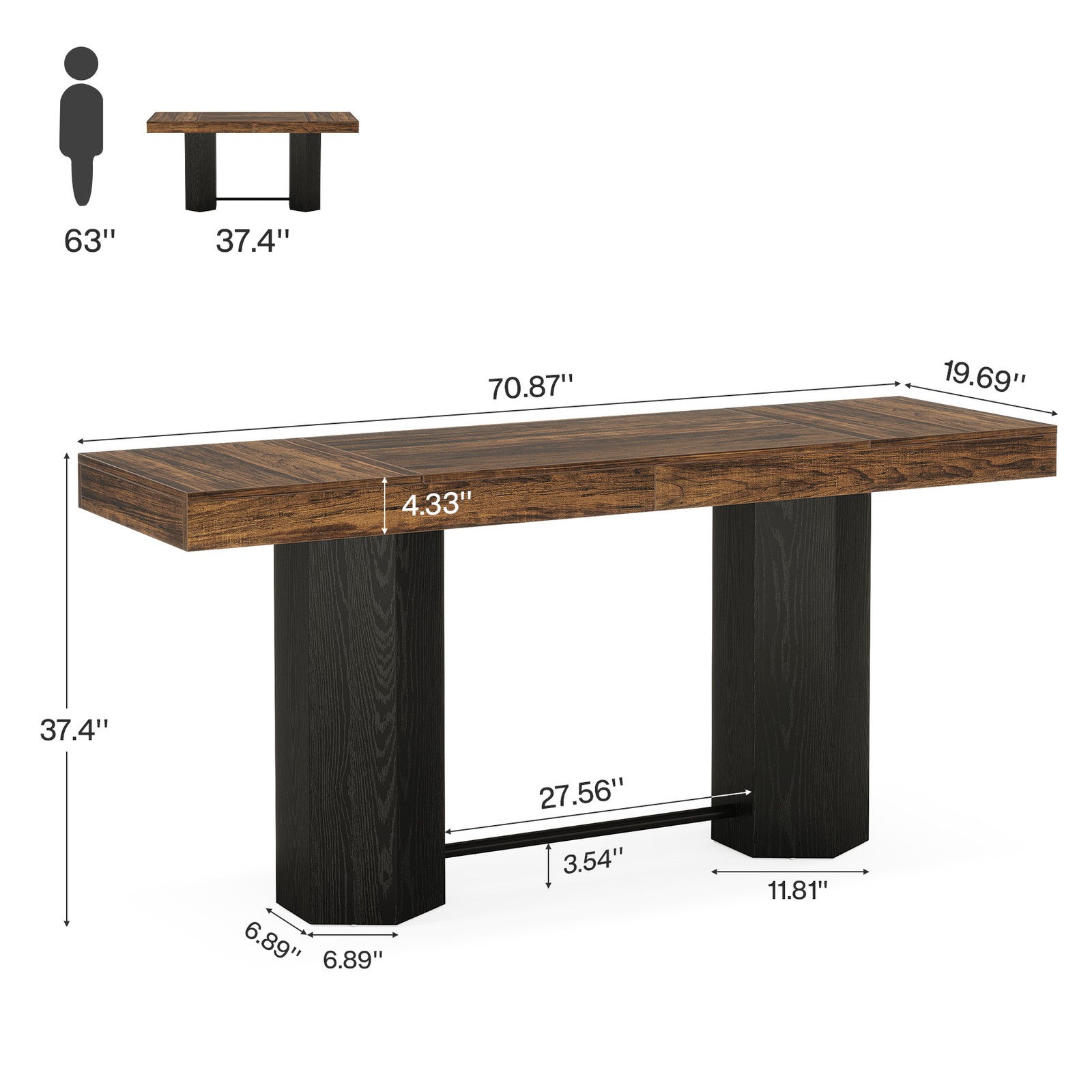 70.9″ Extra Long Bar Table, Industrial Counter Height Table with Metal Footrest