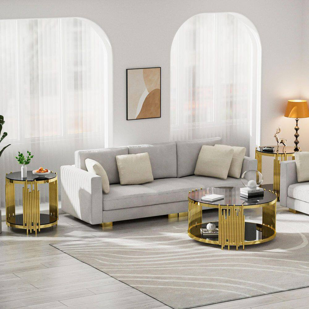 20 In. Black round Glass Coffee Table with Tempered Glass&Gold Legs, 2-Tier Stai