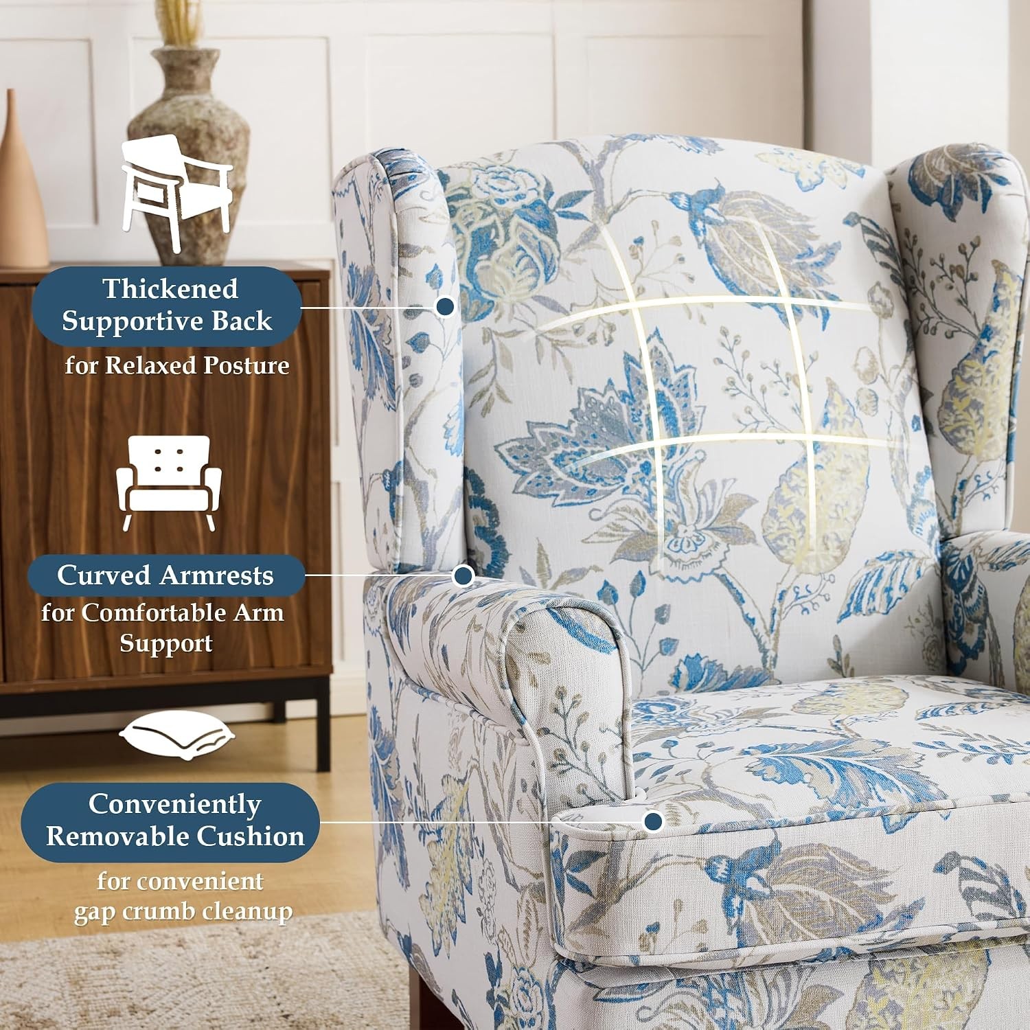 Floral Accent Chair, Comfortable High Back Upholstered Armchair with Solid Wood