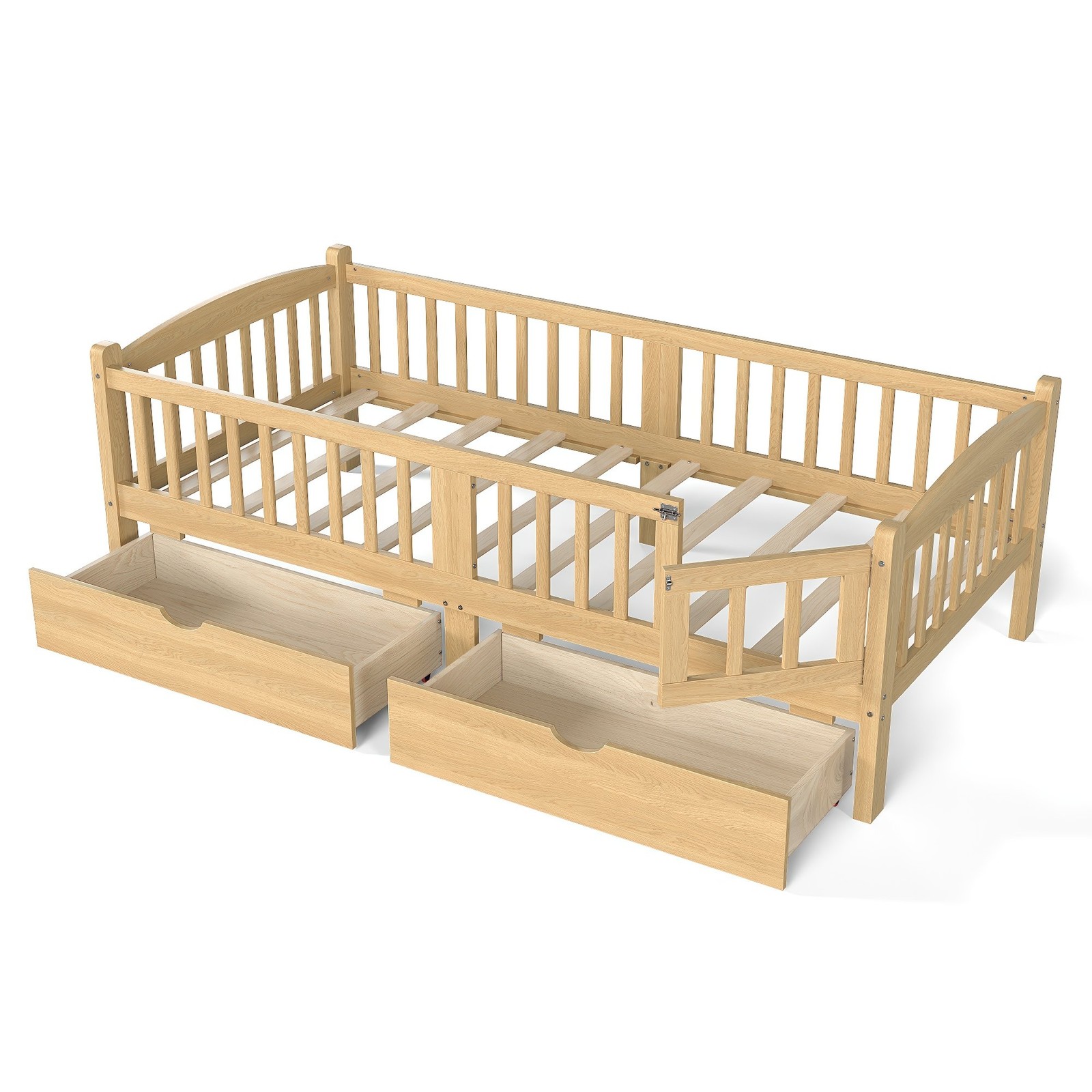 FUNIDEE Twin XL Platform Bed Frame with Full-length Guardrails & Drawers Natural