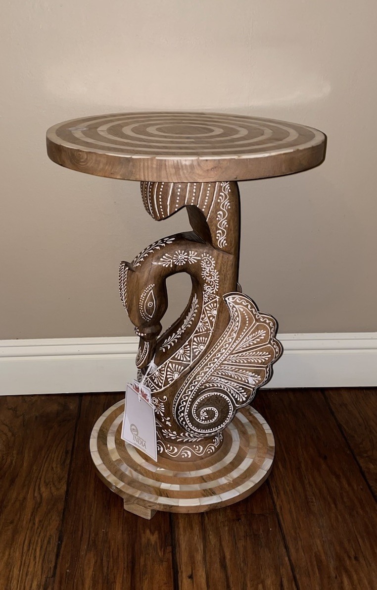 World Traveler 21” Wood Swan Mother Of Pearl Inlay Accent Table Painted Details