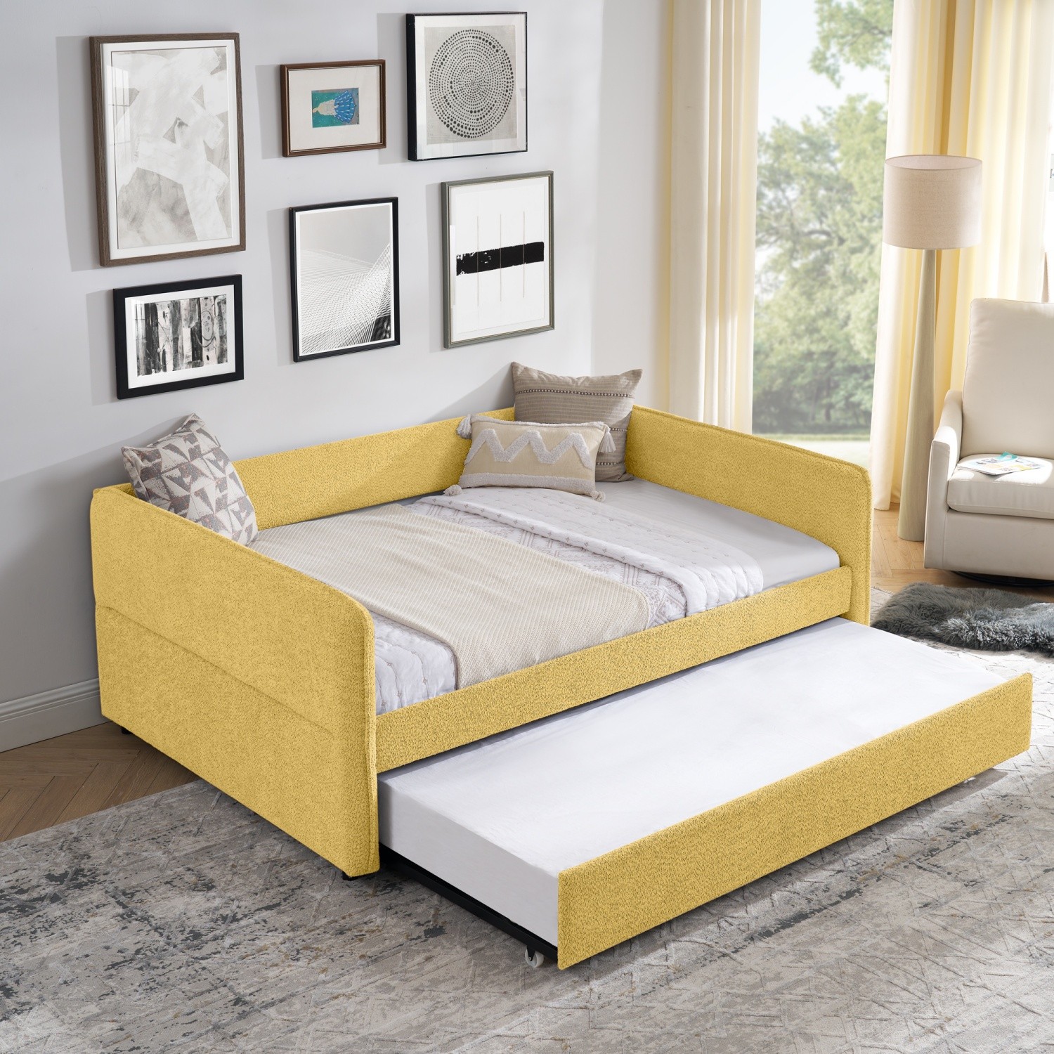 Full Daybed with Pull-Out Trundle Boucle Upholstered Sofa Bed Pink/Yellow/Blue