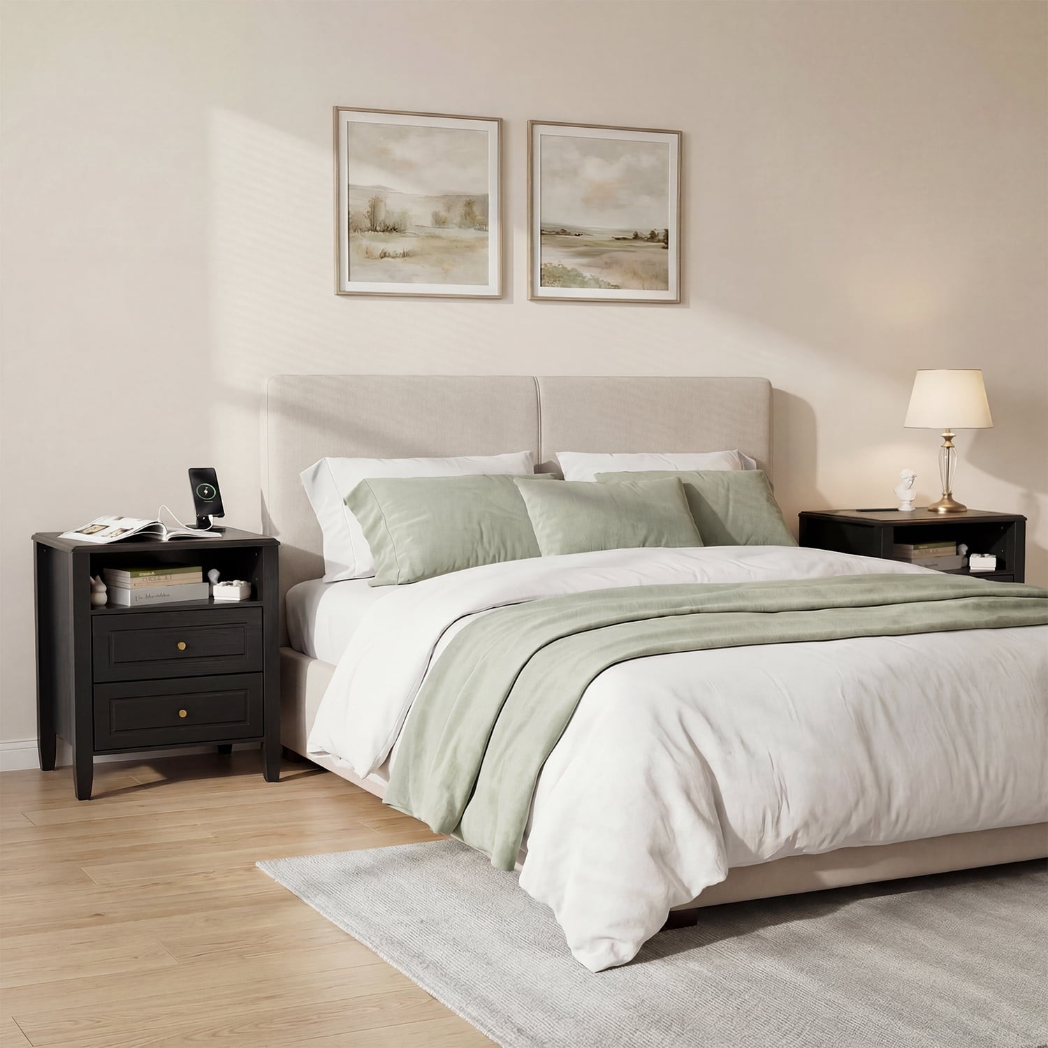1Pc Nightstand End Table with 2 Drawers Charging Station Bedside Table Bedroom