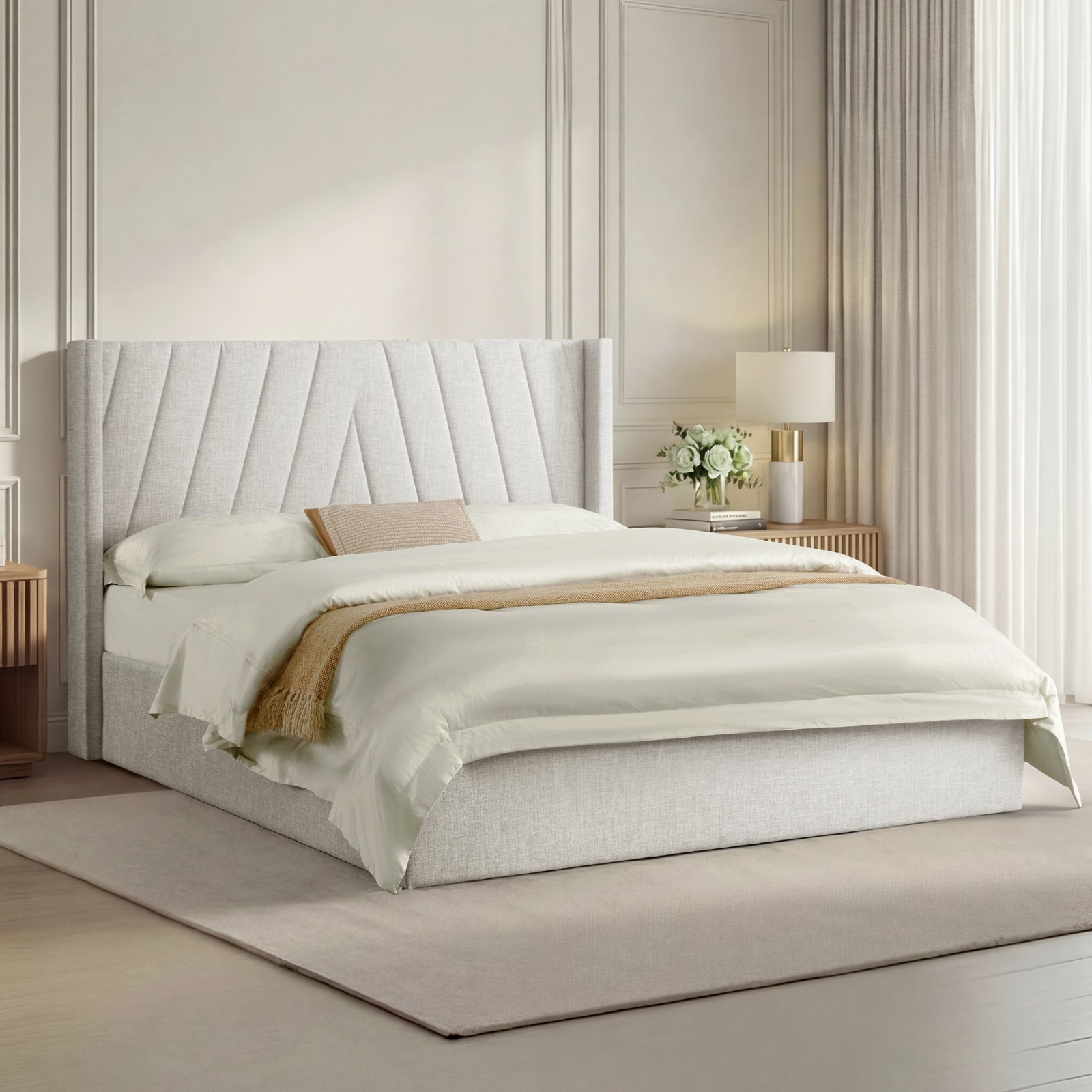 CHITA Wingback Upholstered Storage Platform Bed, Wooden Slats Support