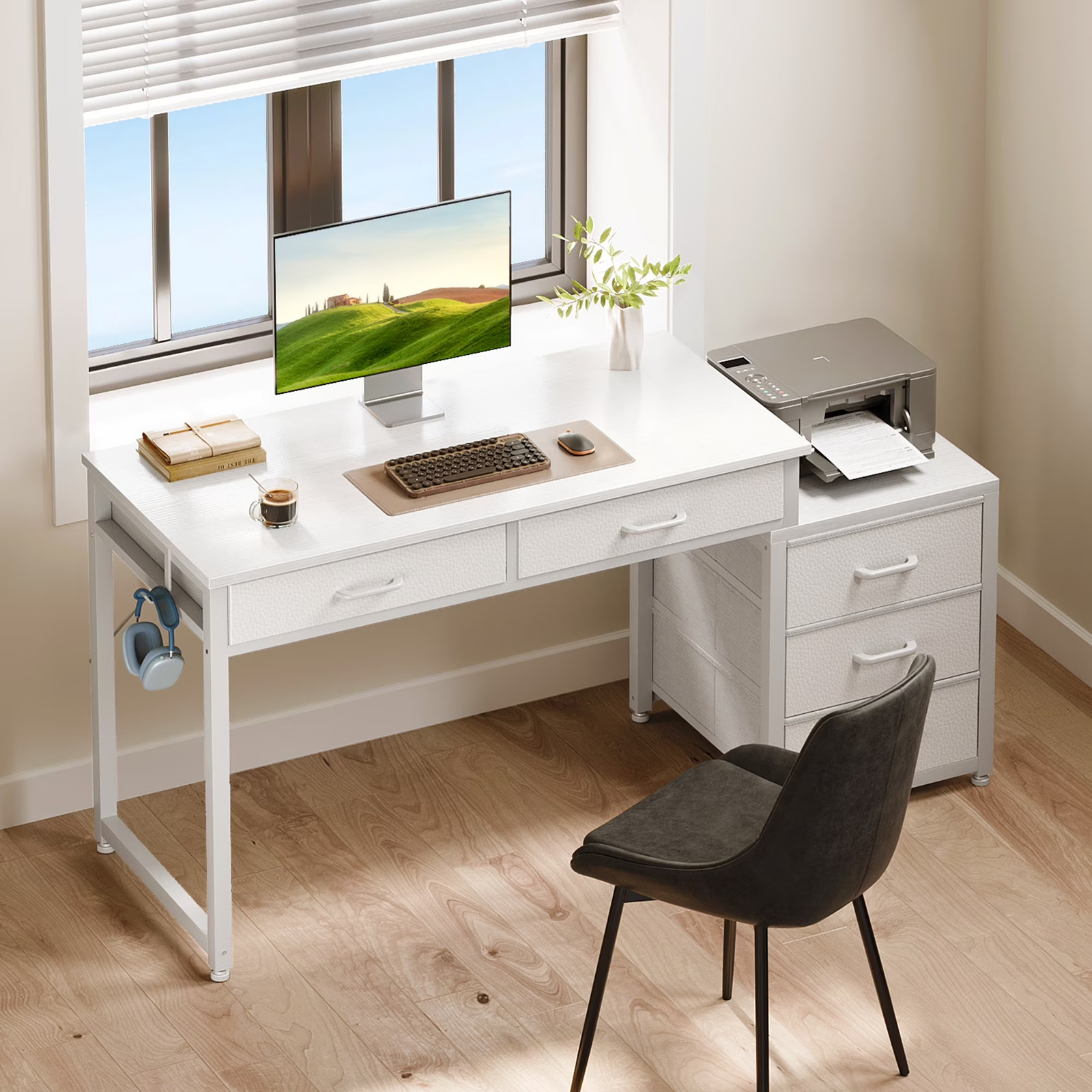 White Computer Desk with 5 Drawers & Printer Stand, Reversible Storage Desk for