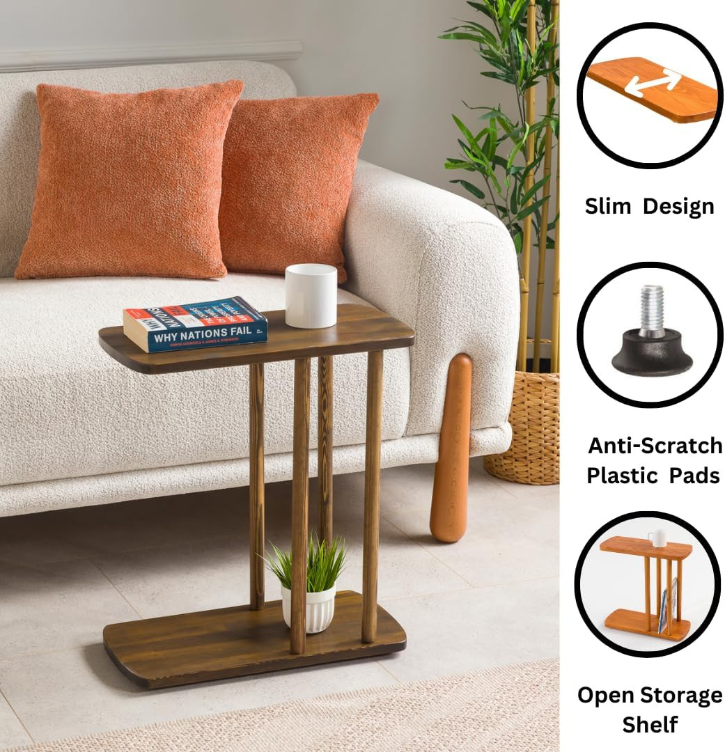 C-Shaped Solid Wood End Table for Couches – Dark Walnut, Large Size