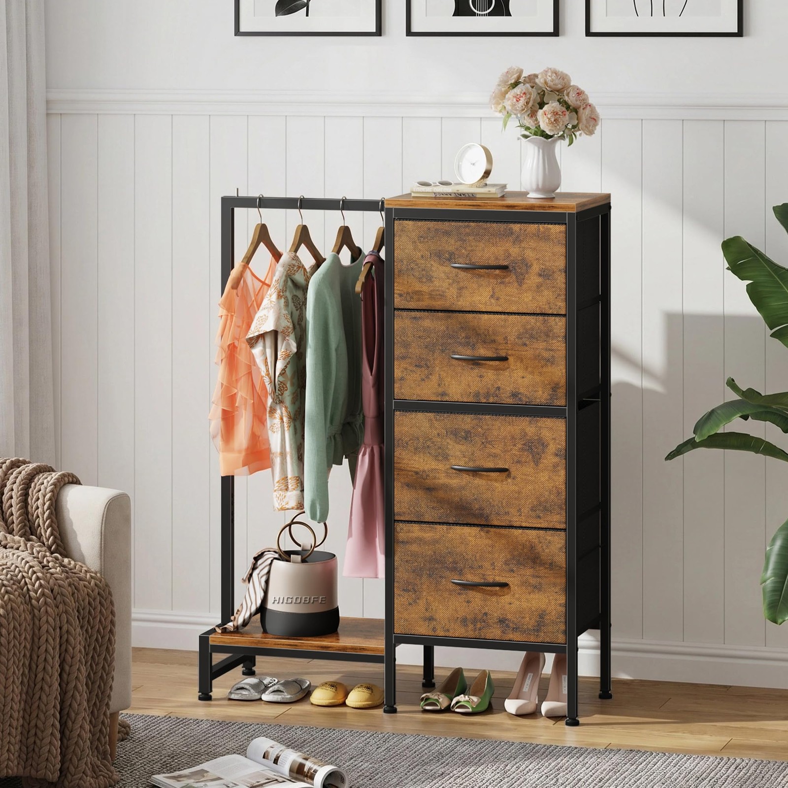 Dresser with Hanging Rack, 4 Drawers Small Closet for Bedroom, Reversible Fab…