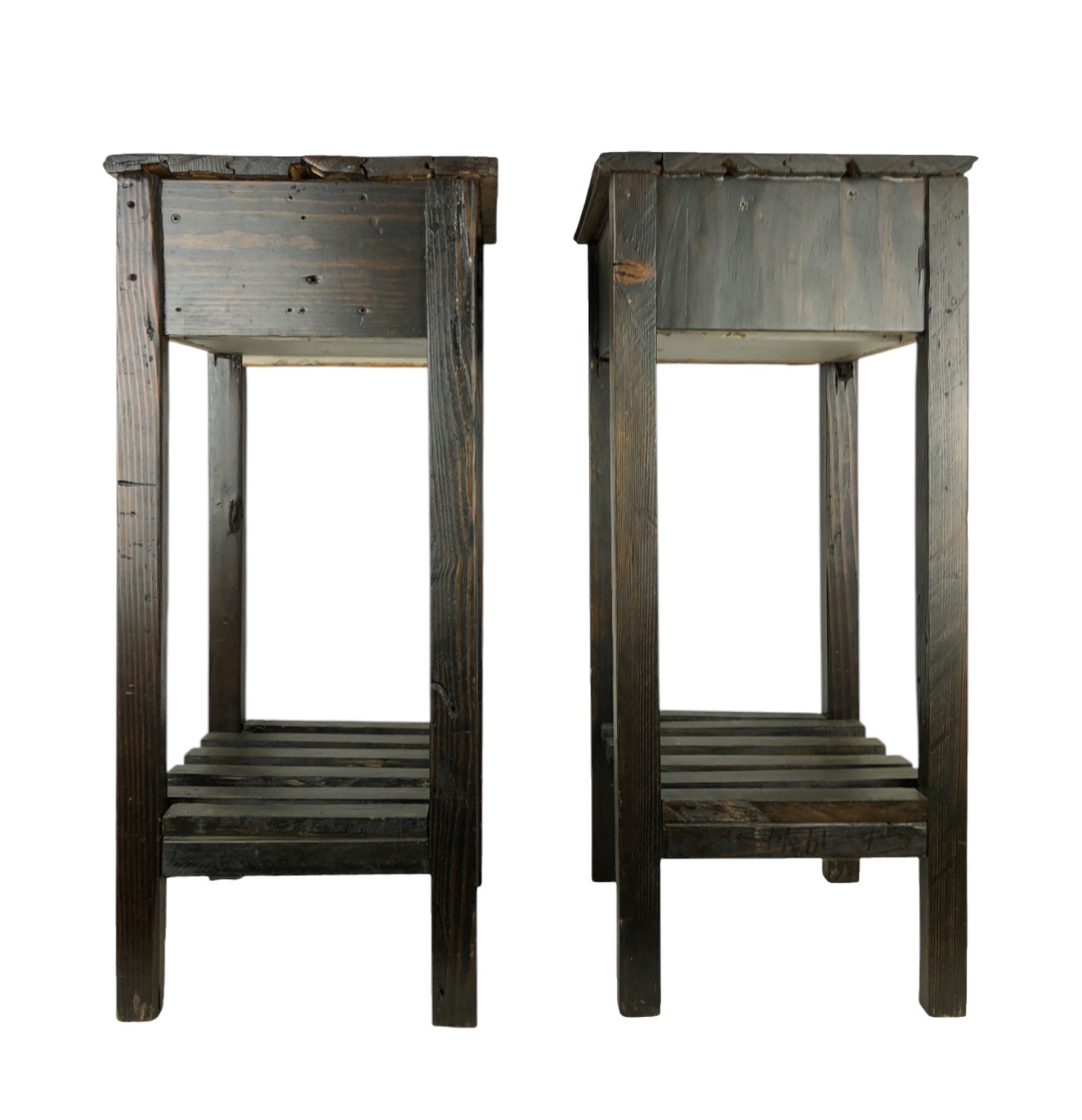 Pair Two Matching Rustic Barn / Salvaged Wood End Tables Home Made 31″ Tall