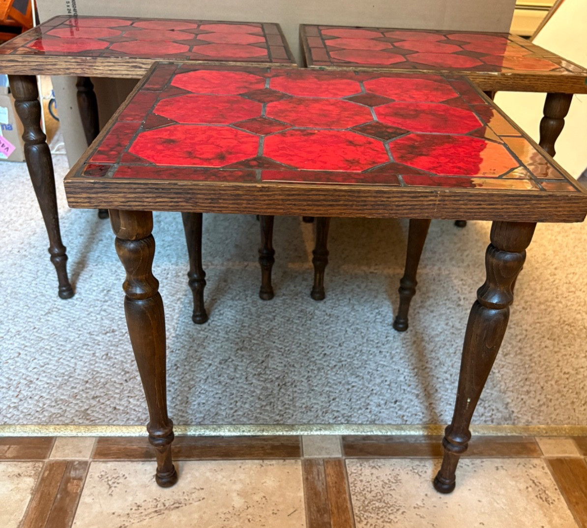 Set of 3 Stacking MCM Vintage 1970s Red Ceramic Tile Top Wood Side / End Tables