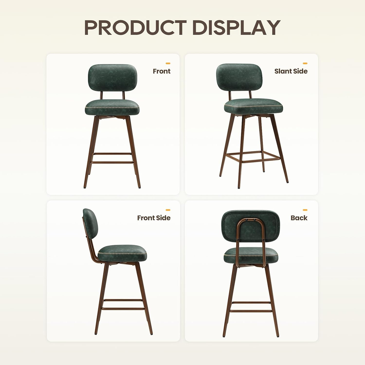 Set of 3 Mid Century Green PU Leather Swivel Bar Stools with Metal Legs