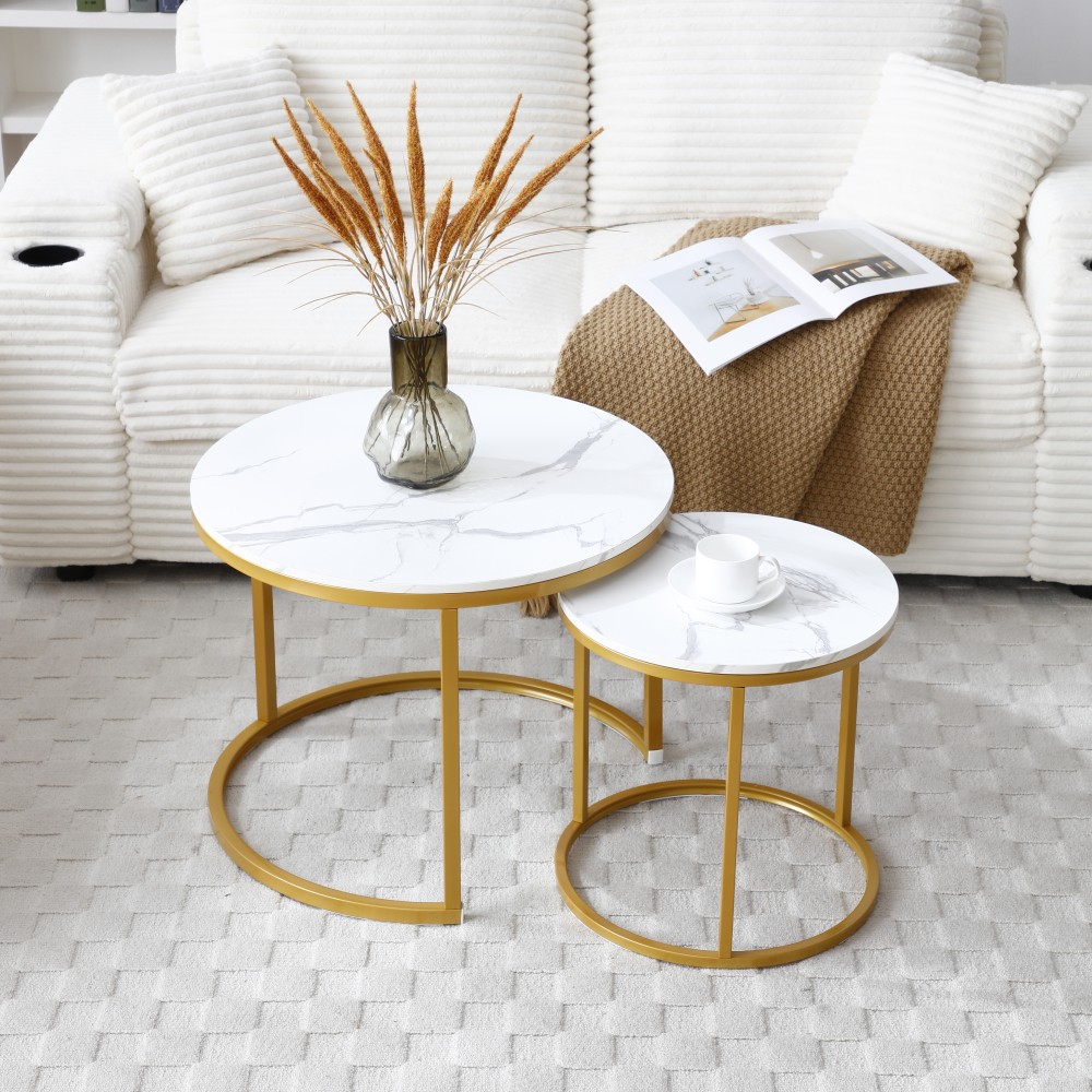 Nesting Coffee Table Set, Round White & Gray Top, Gold Metal Modern Industrial