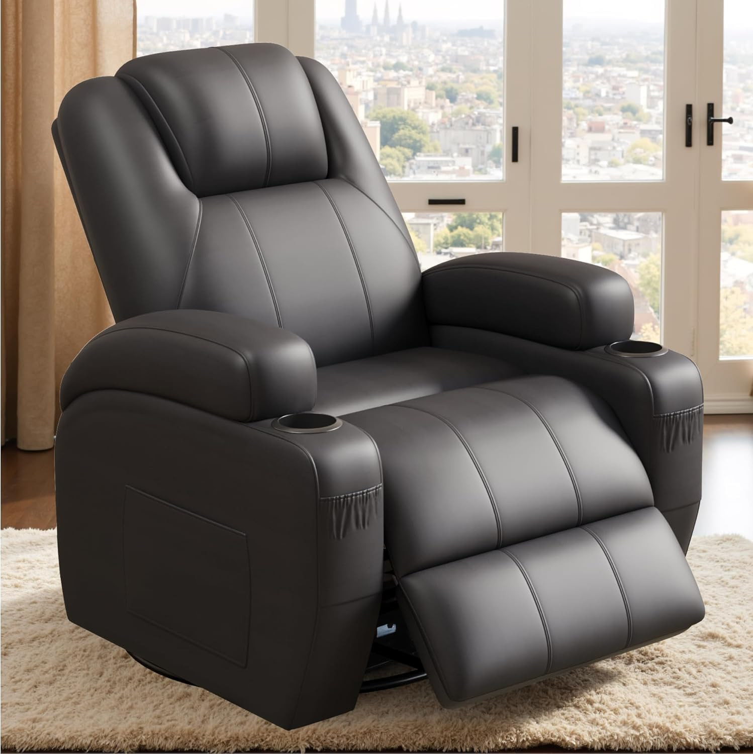 Black Leather Swivel Rocker Recliner with Massage & Cup Holders for Ultimate Com